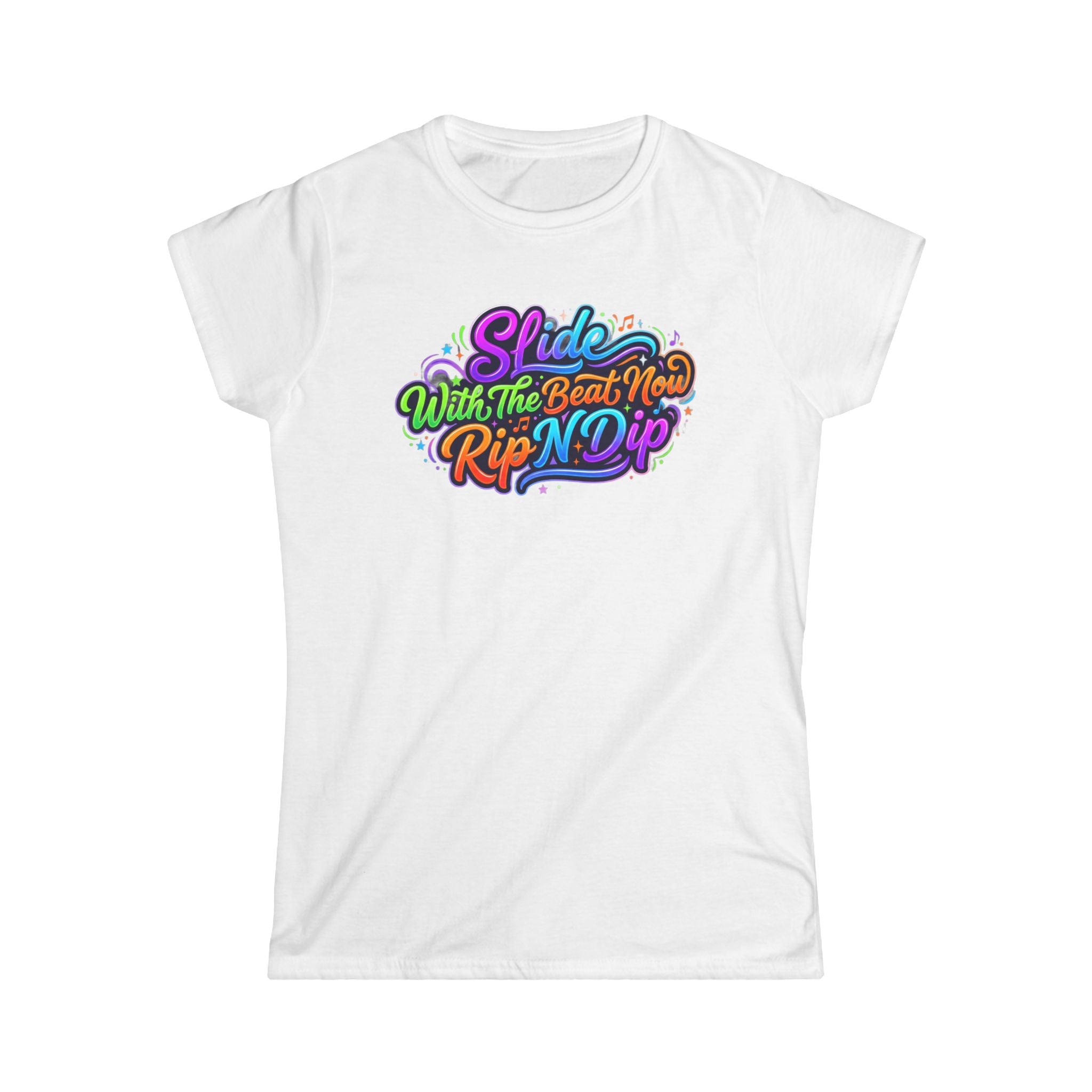 Women's Tee — "Slide With The Beat Now Rip N Dip" Colorful Retro Dance Graphic