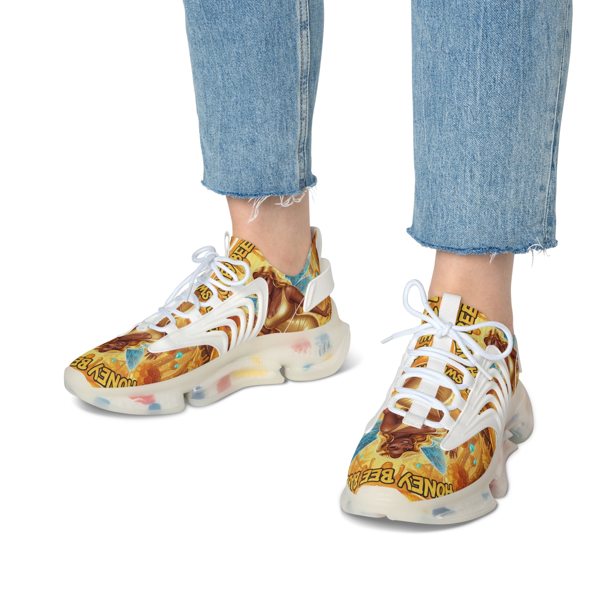Women's Mesh Sneakers —"Honey Bee Bae" Golden Bee Fairy Graphic Athletic Shoes
