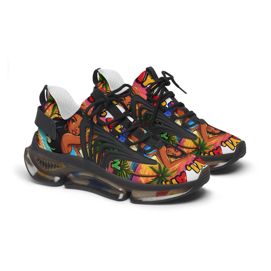 Tropical Vibe Women's Mesh Sneakers — "Ayi  Ayi Ayi Que Guapa Soy "Colorful Hawaiian Pin-Up Design