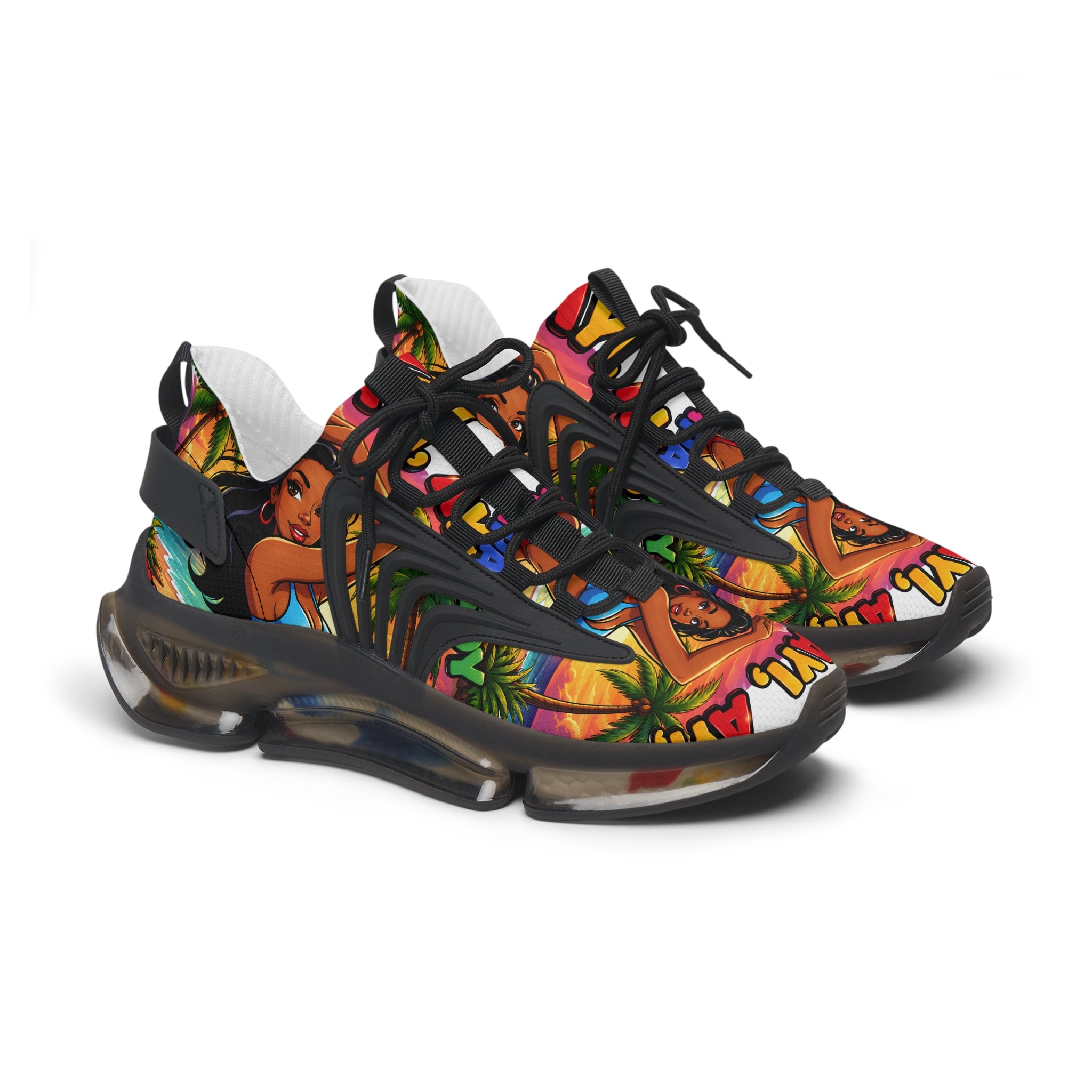 Tropical Vibe Women's Mesh Sneakers — "Ayi  Ayi Ayi Que Guapa Soy "Colorful Hawaiian Pin-Up Design