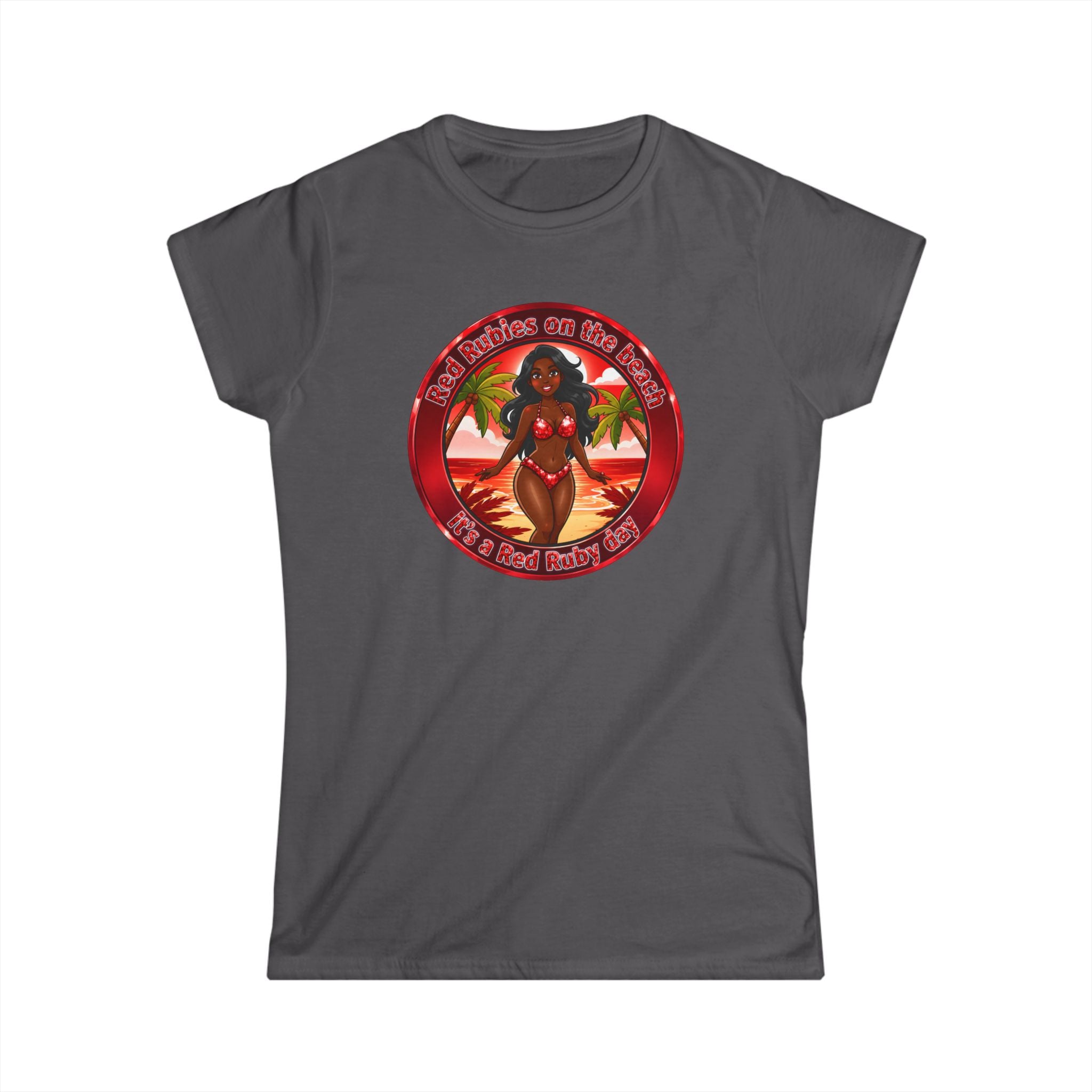 Tropical Pinup Tee — "Red Rubies On The Beach" Vintage Bikini Graphic