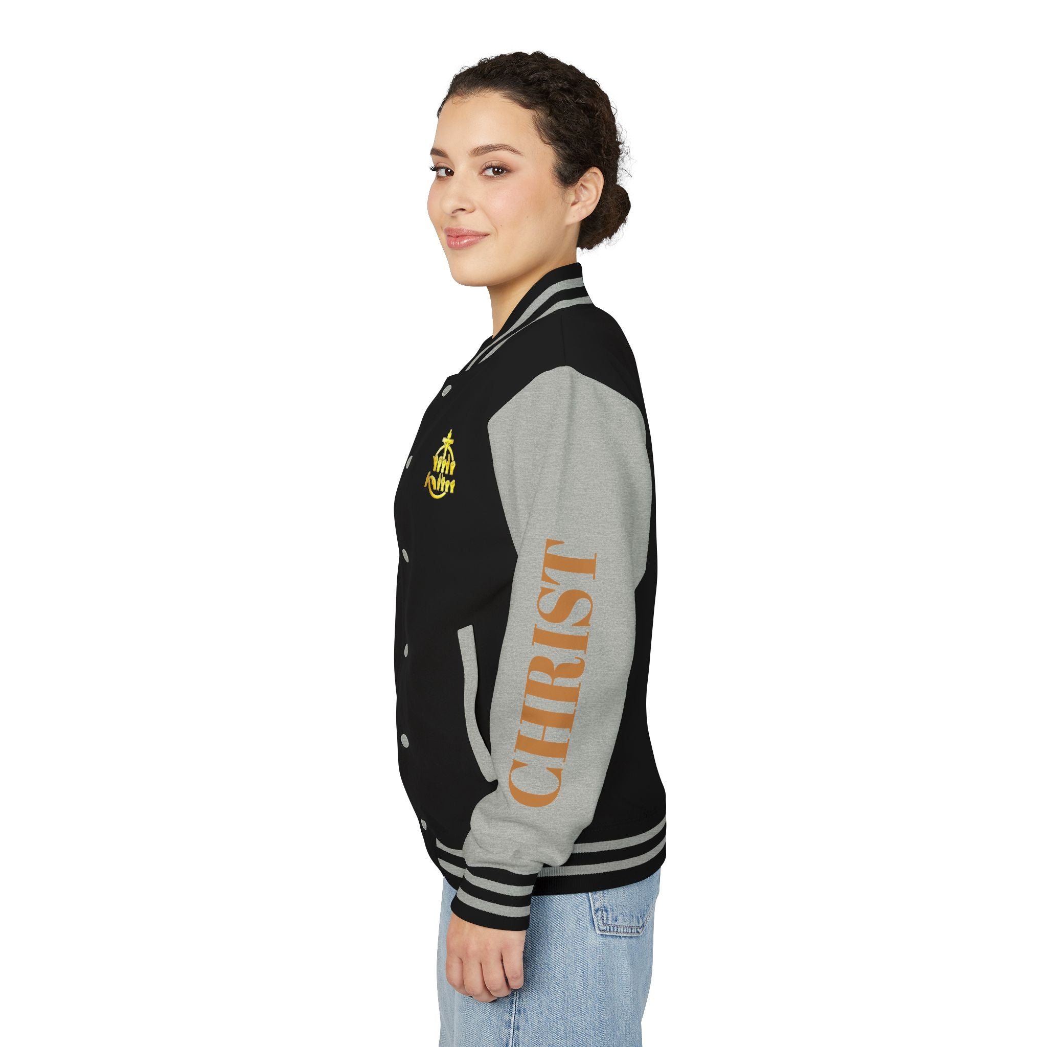 "Sign language Jesus Christ "     Christian Crown Letterman Jacket - 'Jesus Christ' Sleeve Varsity Jacket