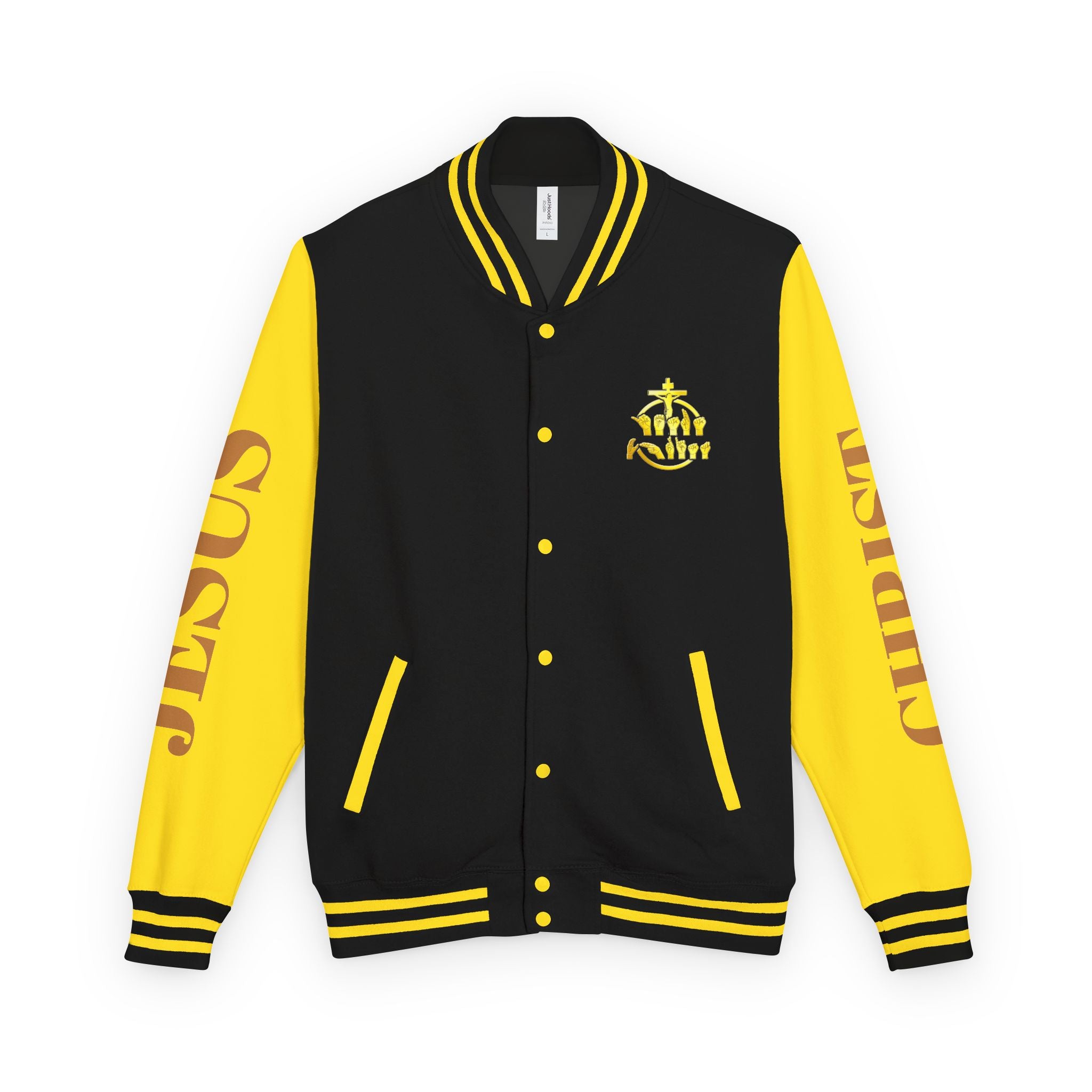 "Sign language Jesus Christ "     Christian Crown Letterman Jacket - 'Jesus Christ' Sleeve Varsity Jacket
