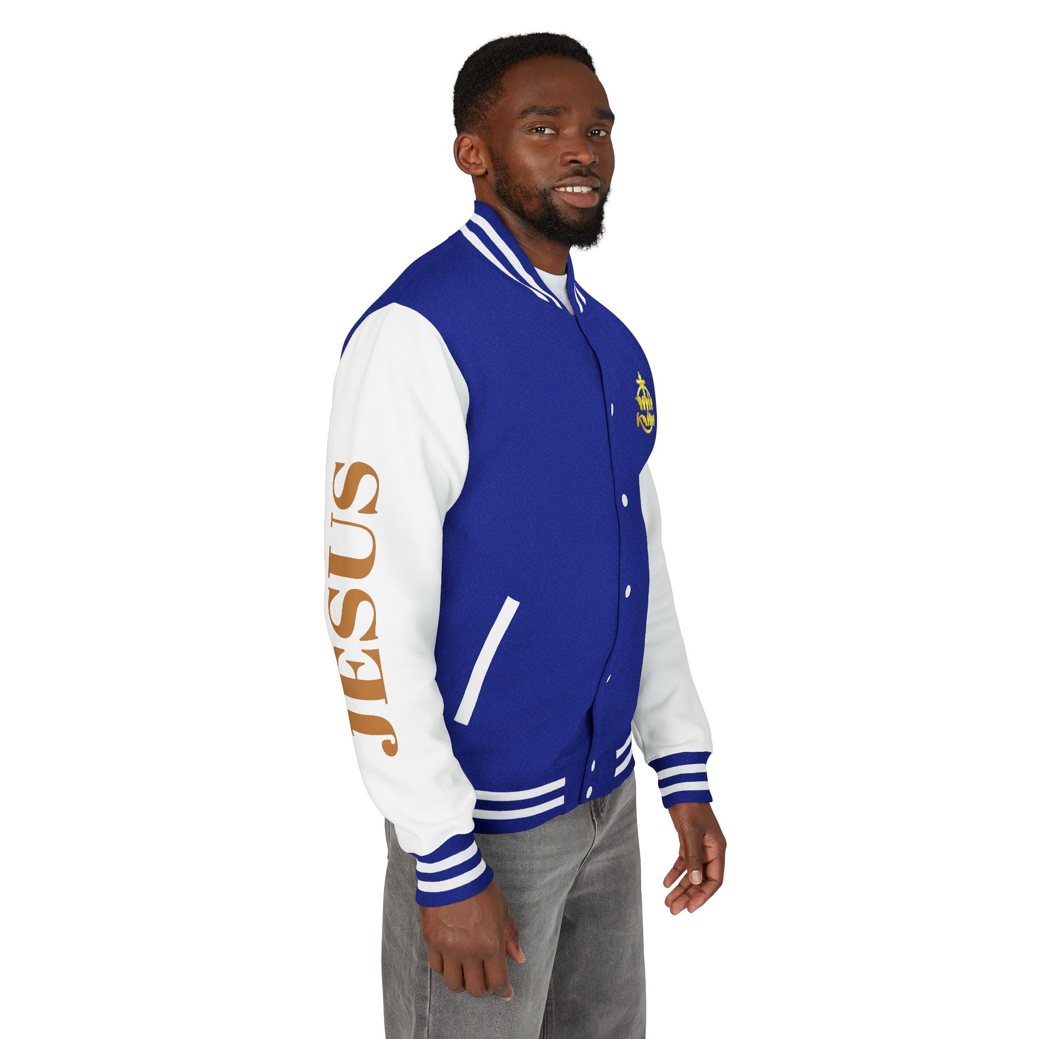 "Sign language Jesus Christ "     Christian Crown Letterman Jacket - 'Jesus Christ' Sleeve Varsity Jacket
