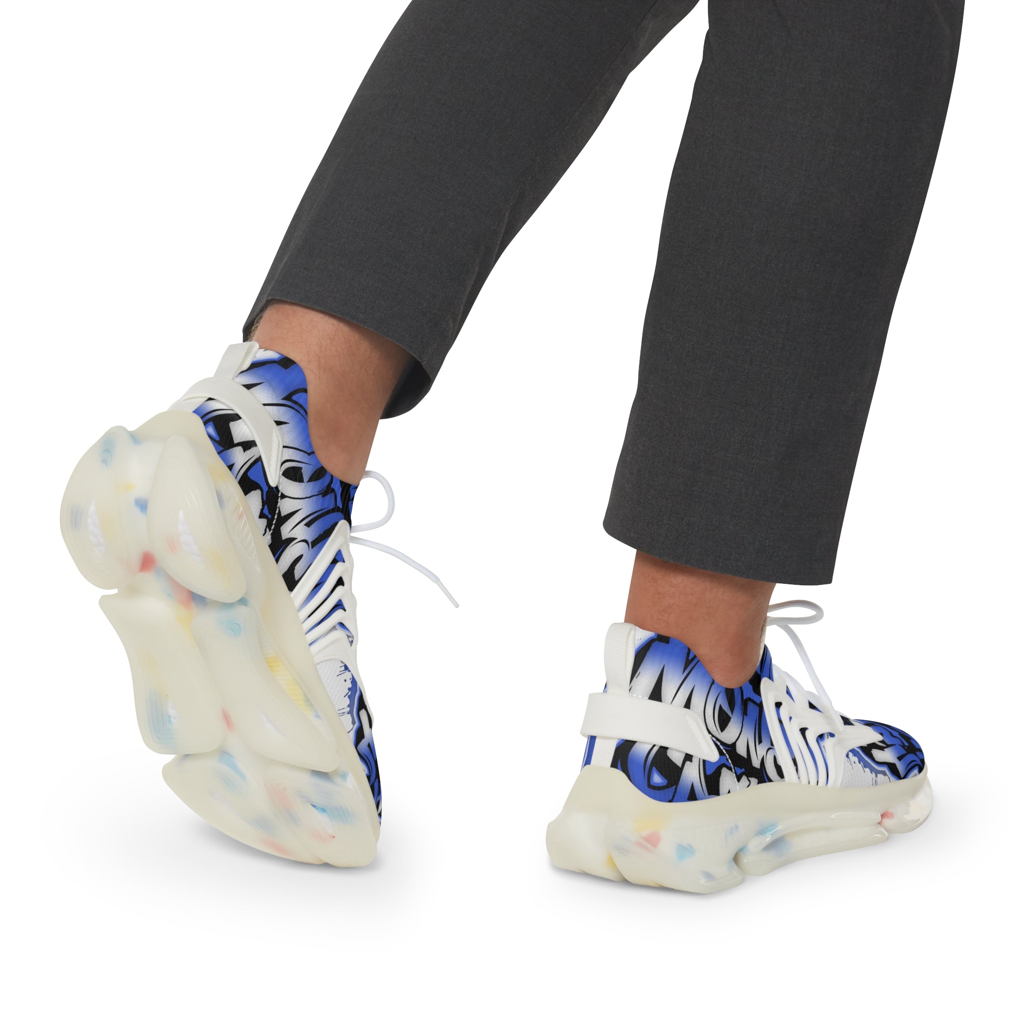 Men's Blue Graffiti Mesh Sneakers — "Straight Money Crew" Breathable Streetwear Athletic Shoes