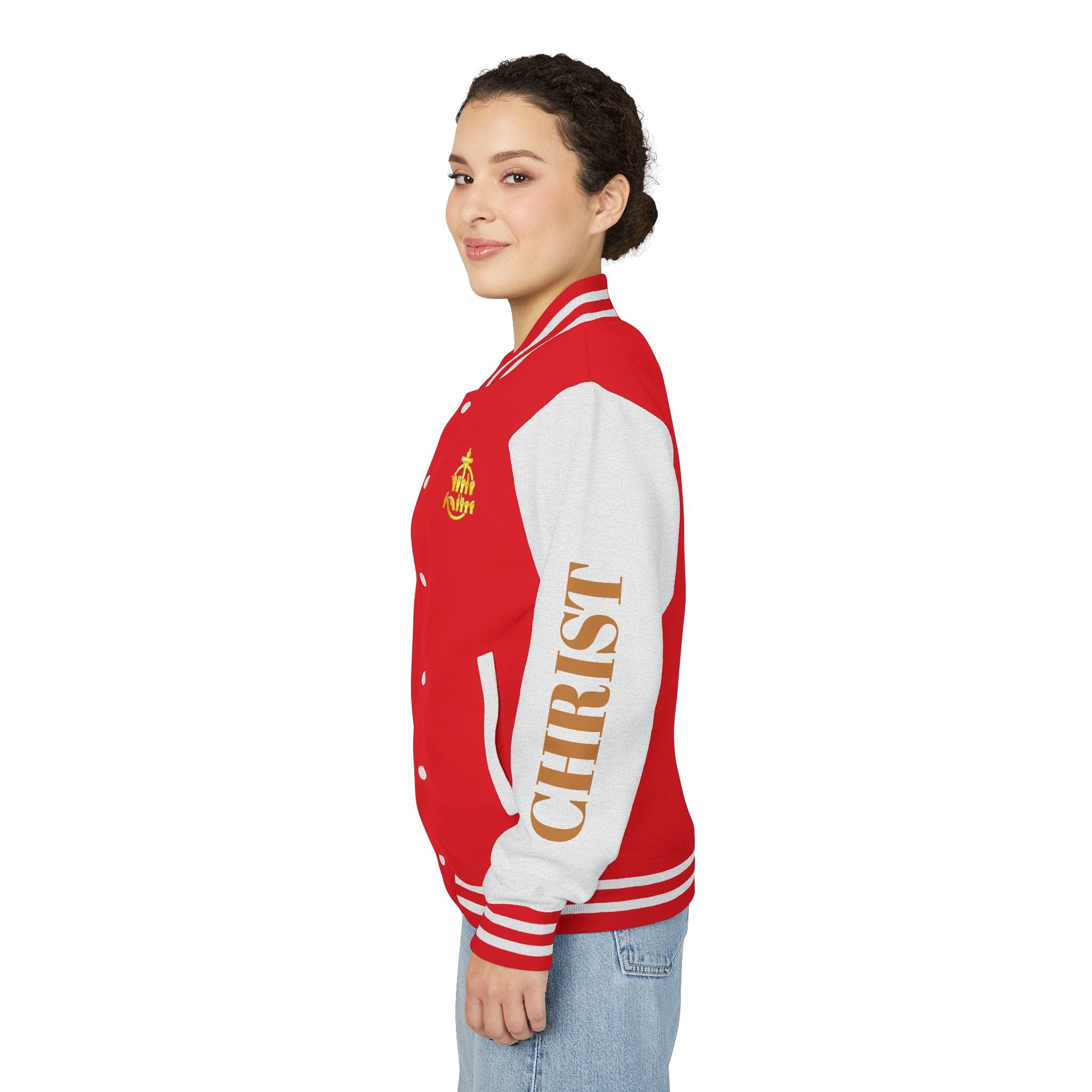 "Sign language Jesus Christ "     Christian Crown Letterman Jacket - 'Jesus Christ' Sleeve Varsity Jacket