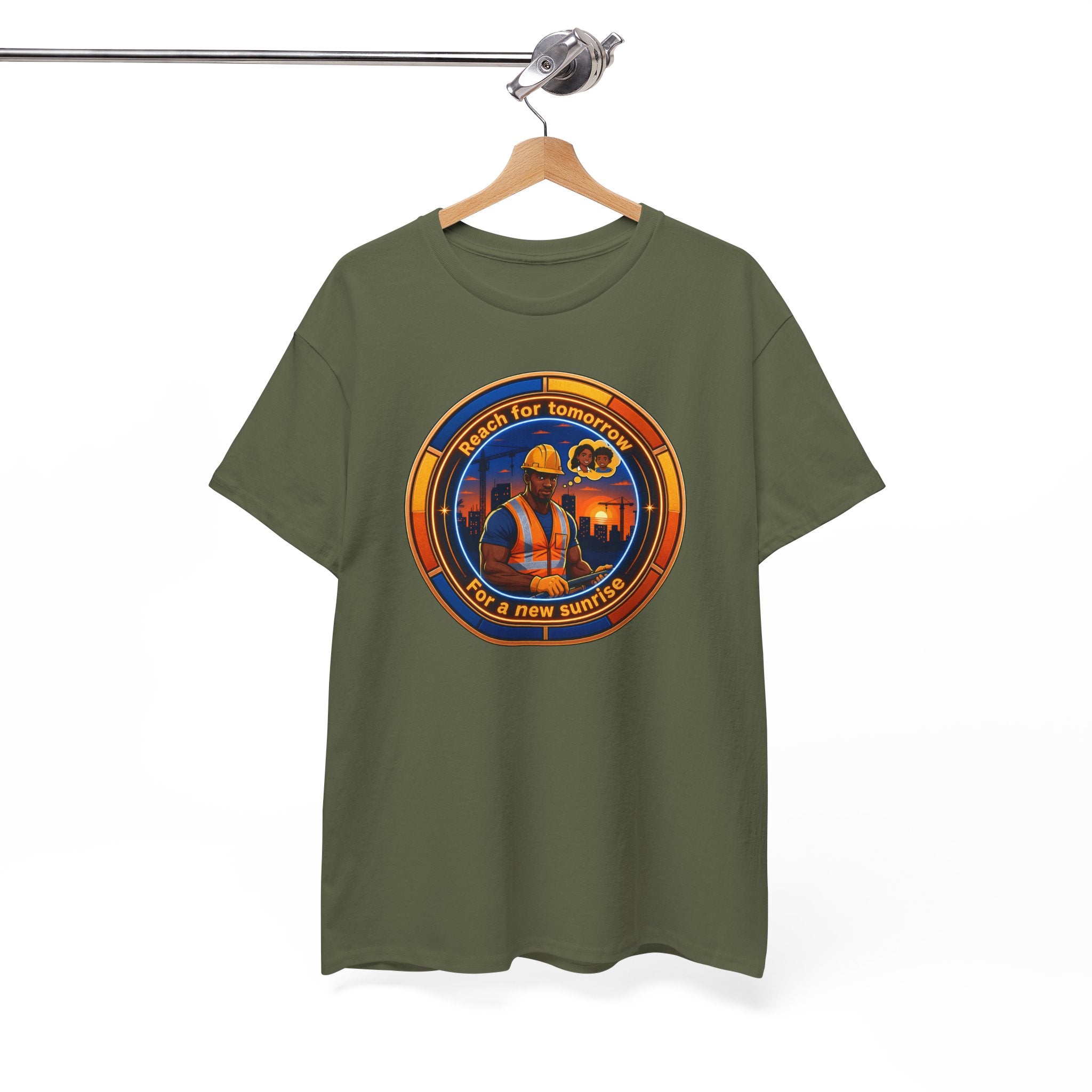 Construction Worker Sunset Tee — “Reach for Tomorrow ” Safety Crew T-Shirt