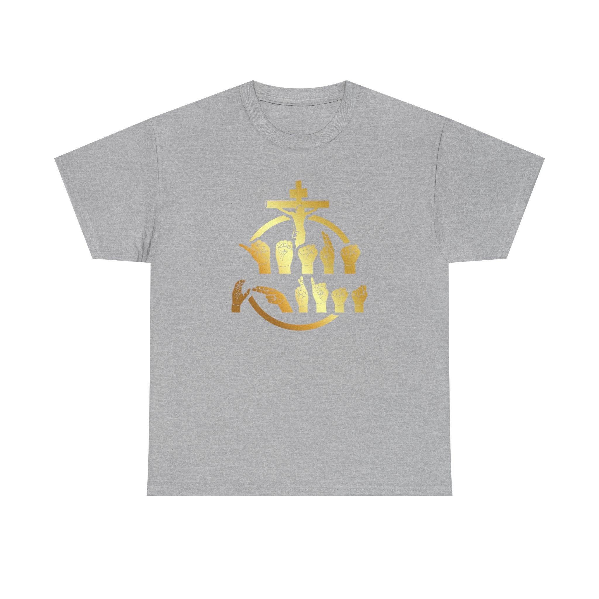 Christian Cross & Praying Hands T-Shirt — Gold Faith Design