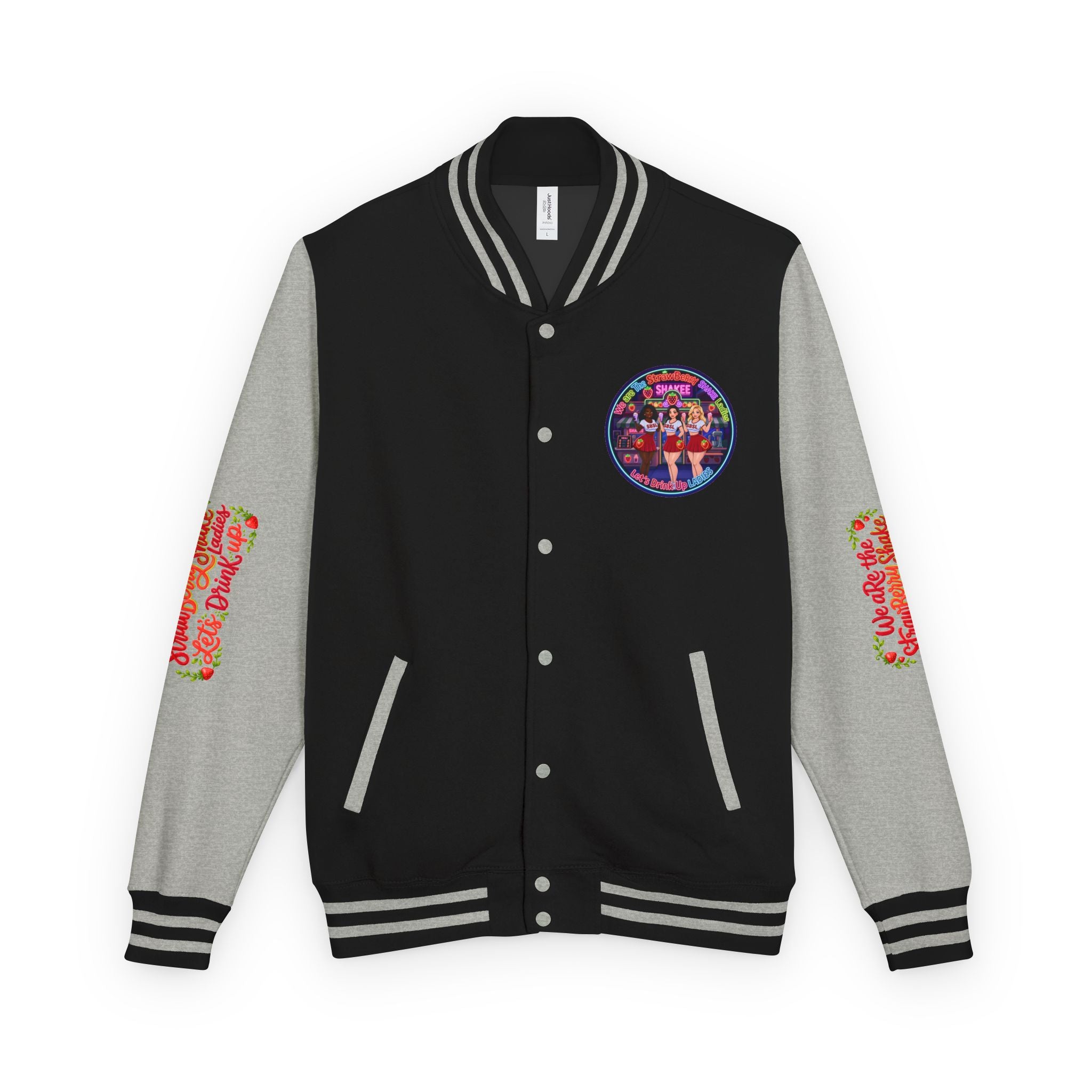 Letterman Jacket —" We Are The Strawberry Shake Ladies " Retro Shakee Cheer Graphic