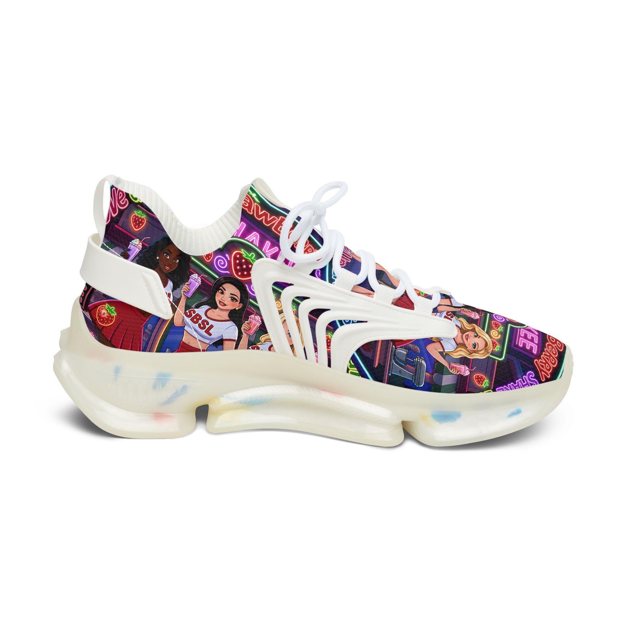 Women’s Mesh Sneakers  " Strawberry Shake "— Colorful Retro Dance Crew Graphic