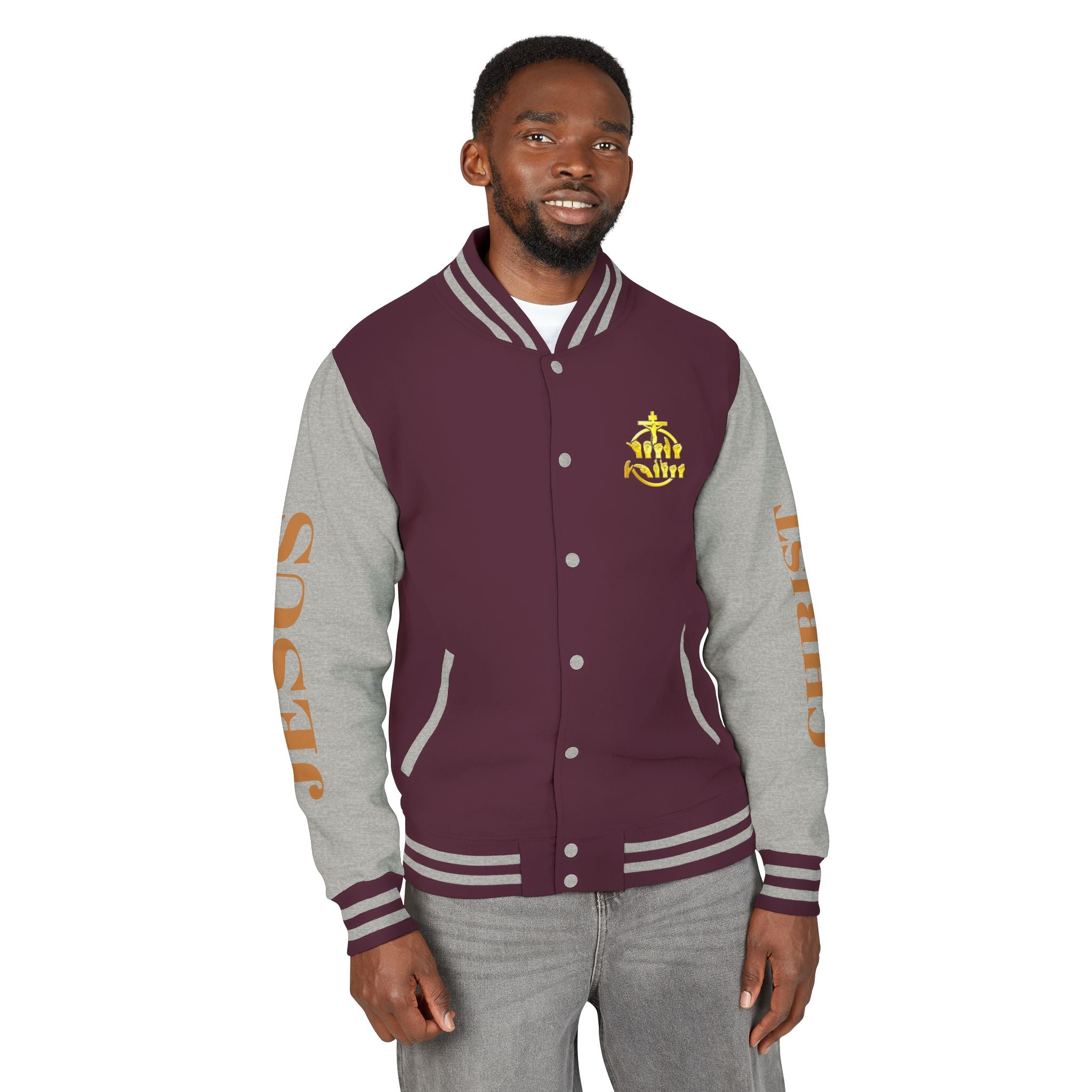 "Sign language Jesus Christ "     Christian Crown Letterman Jacket - 'Jesus Christ' Sleeve Varsity Jacket