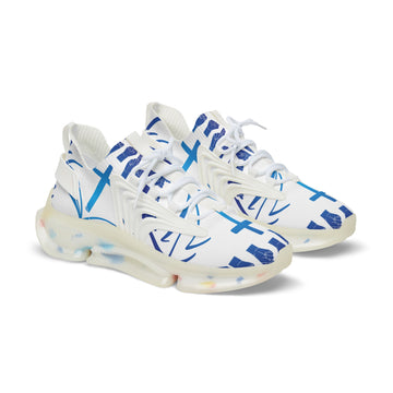 Men's White Athletic Sneakers with Blue Cross Graphic —"Sign Language Jesus Christ "Lightweight Mesh Running Shoes