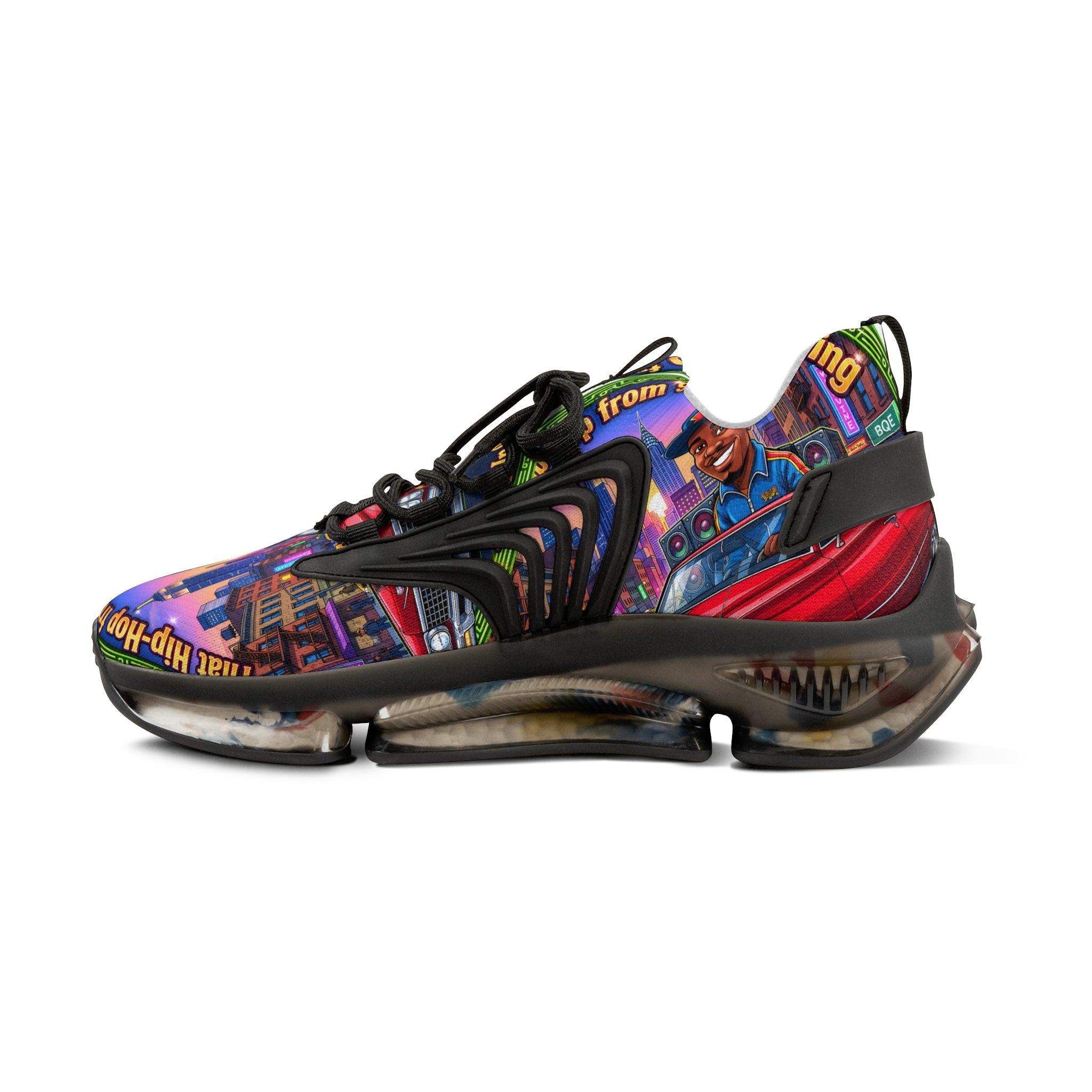 Custom Graphic Mesh Sneakers — "That Hip-hop From 92 Be Bumping" Colorful Cityscape Portrait Design