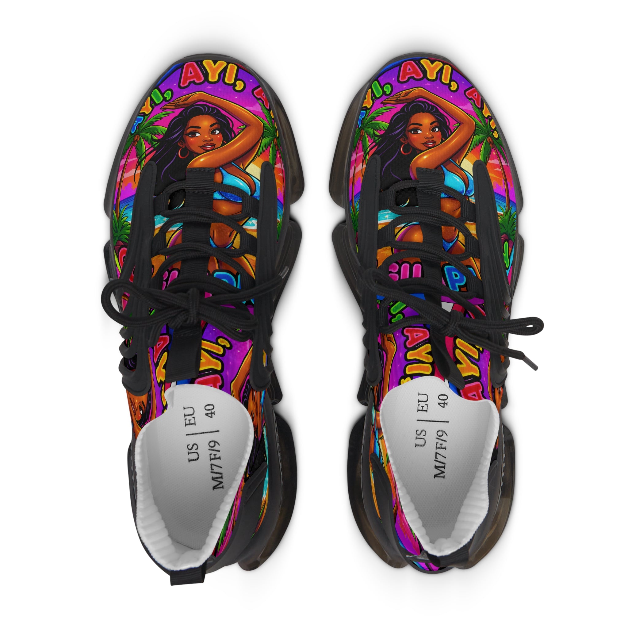 Women’s Mesh Sneakers — Vibrant Tropical ‘Ayi Ayi Ayi!’ Graphic Design