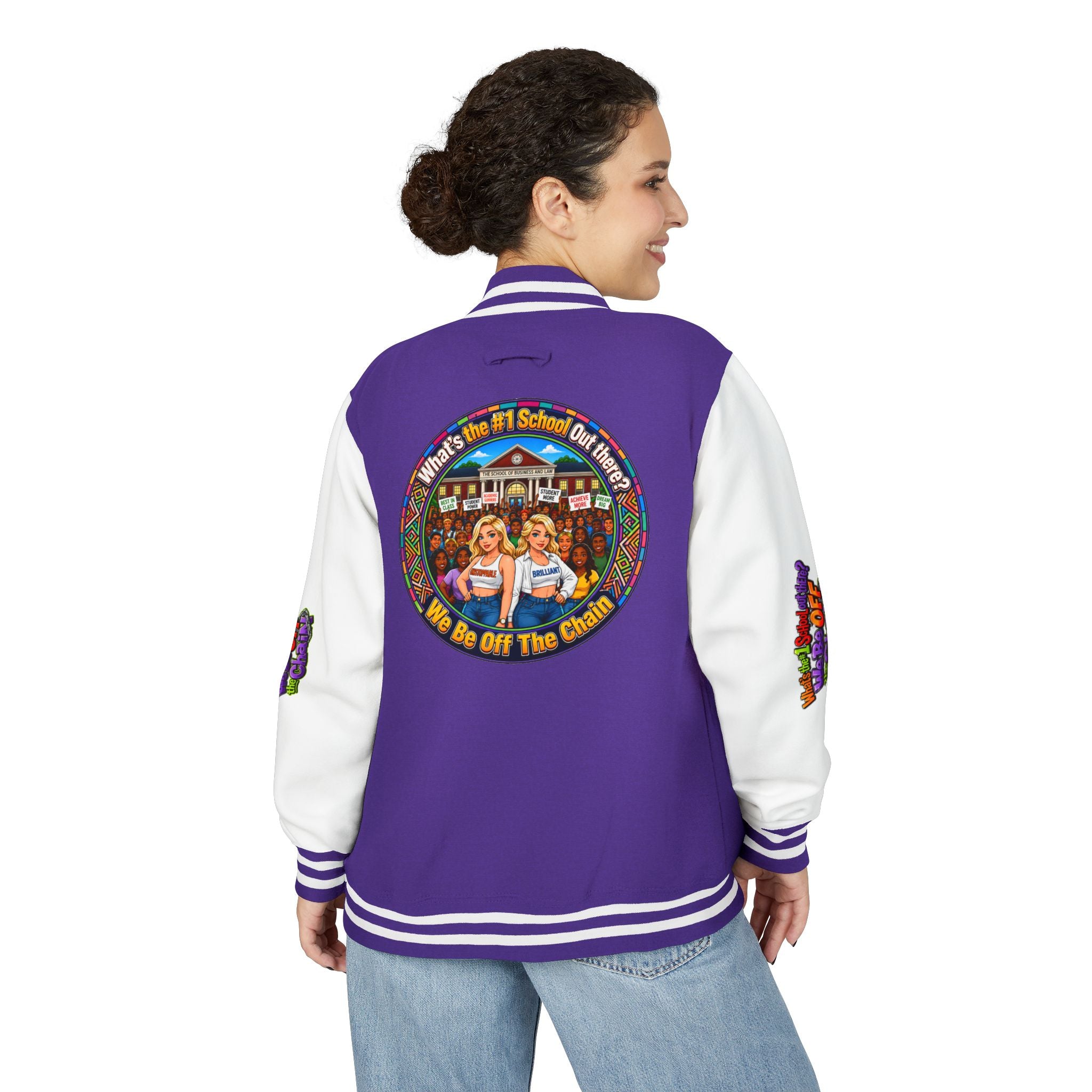 Letterman Jacket — Colorful School Spirit "We Be Off The Chain" Varsity Jacket