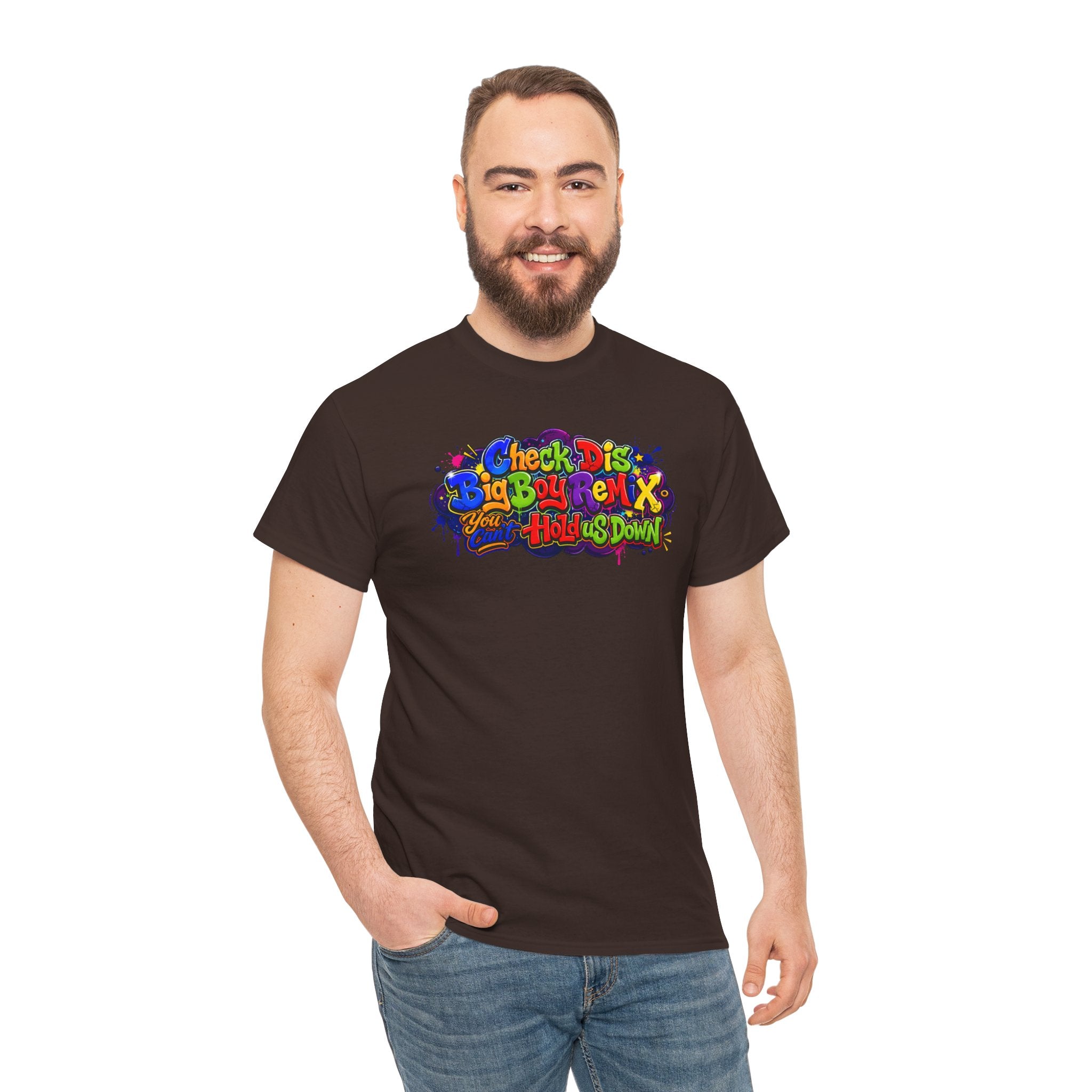 Graphic Tee — Colorful 'Check Dis Big Boy Remix' Retro Street Art T-Shirt