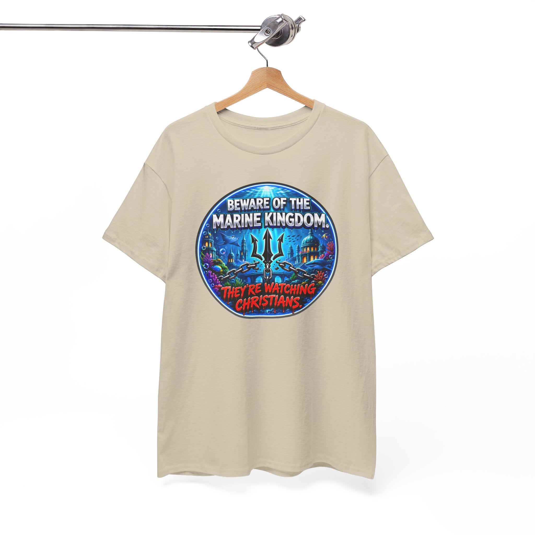 T‑Shirt — "Beware of the Marine Kingdom: They're Watching Christians" Vintage Ocean Graphic