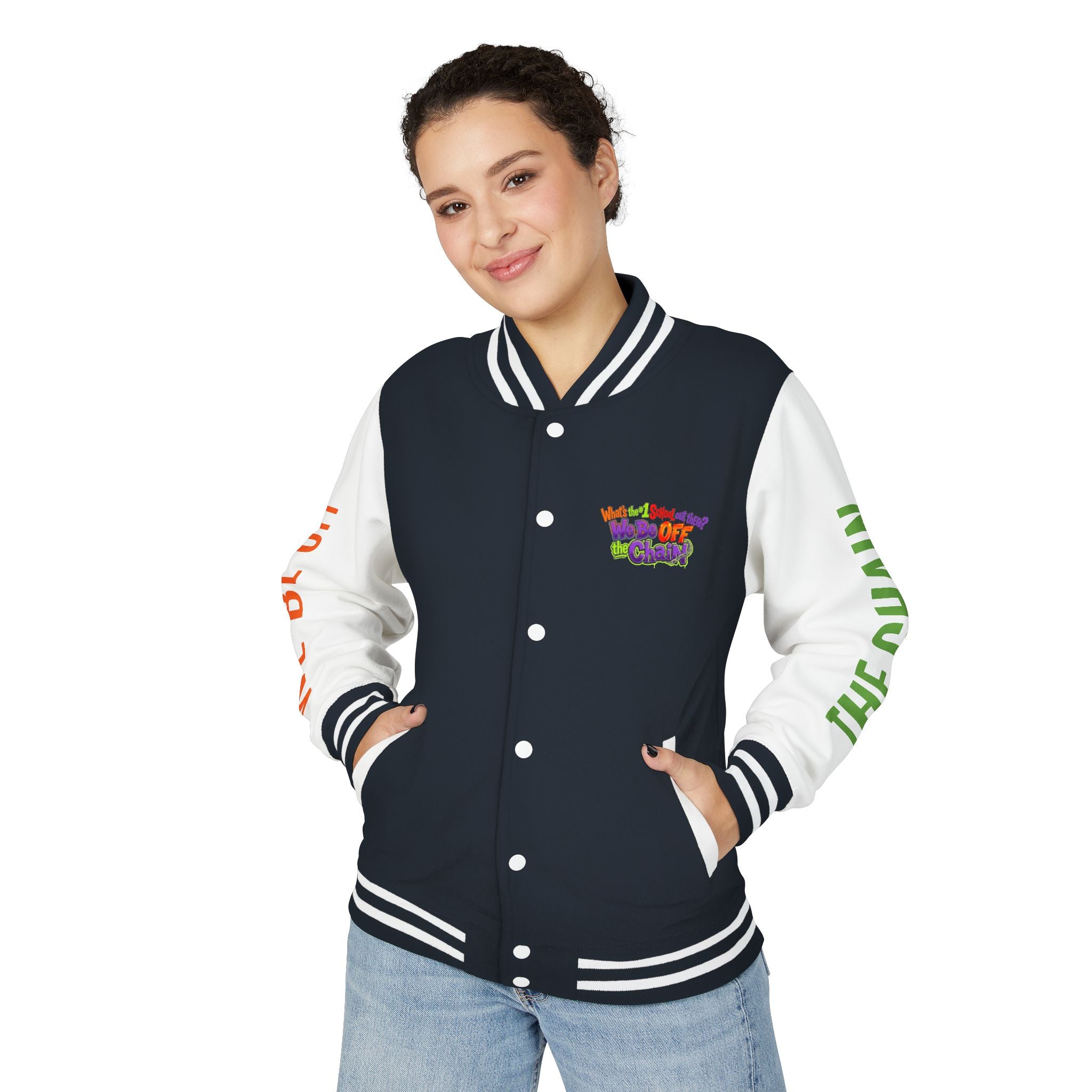 Retro Colorblock Letterman Jacket — 'We Be Off The Chain' Sleeve Print