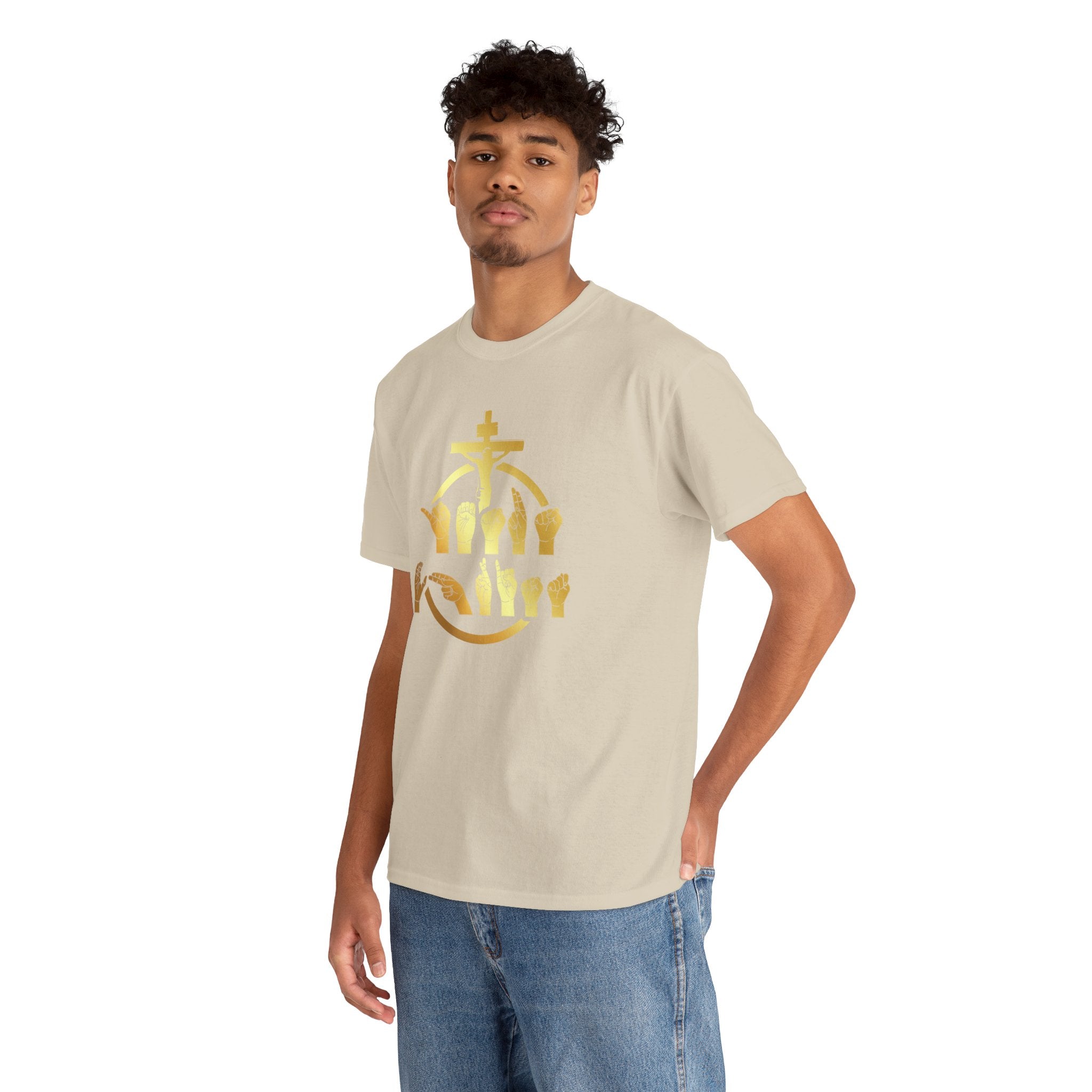 Christian Cross & Praying Hands T-Shirt — Gold Faith Design