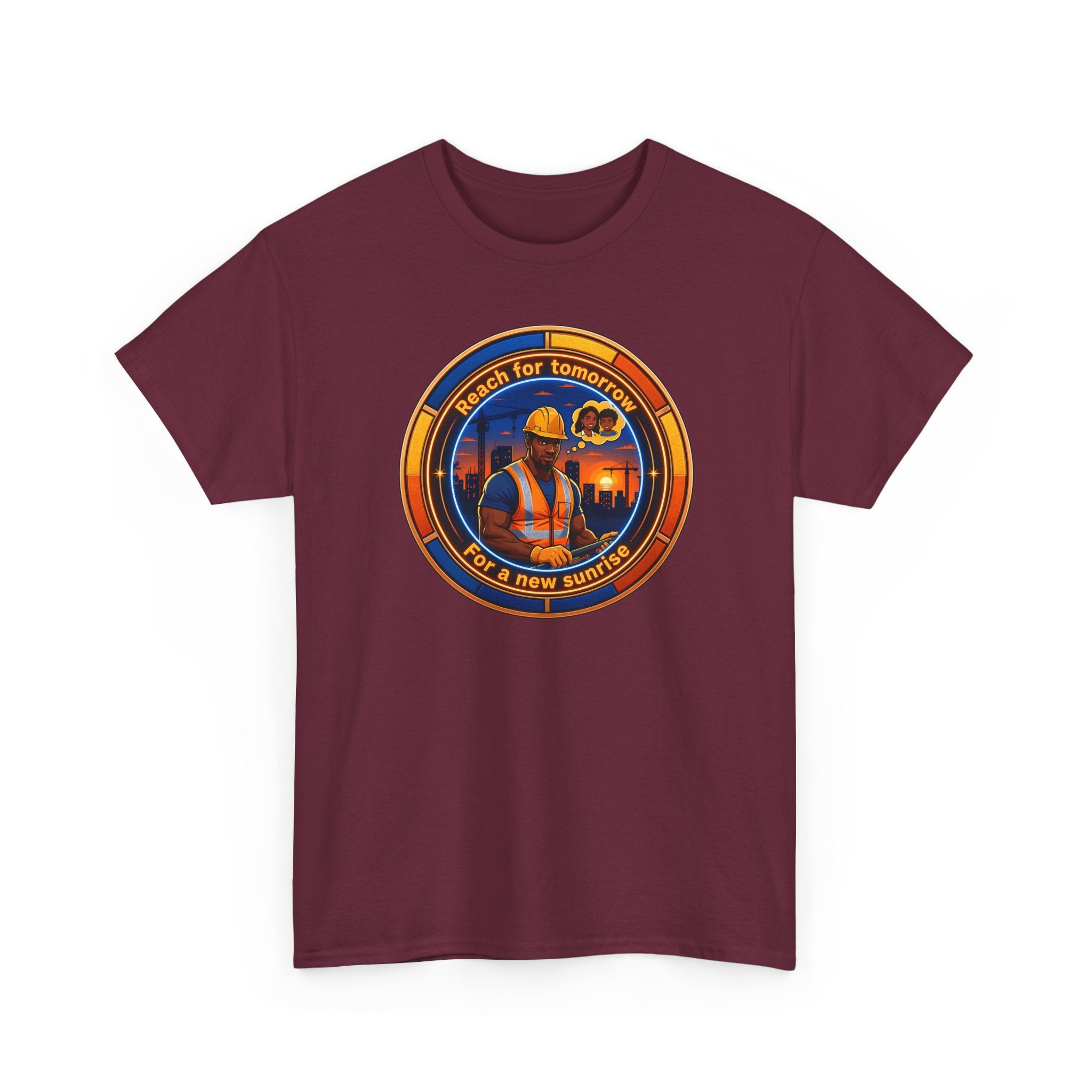 Construction Worker Sunset Tee — “Reach for Tomorrow ” Safety Crew T-Shirt
