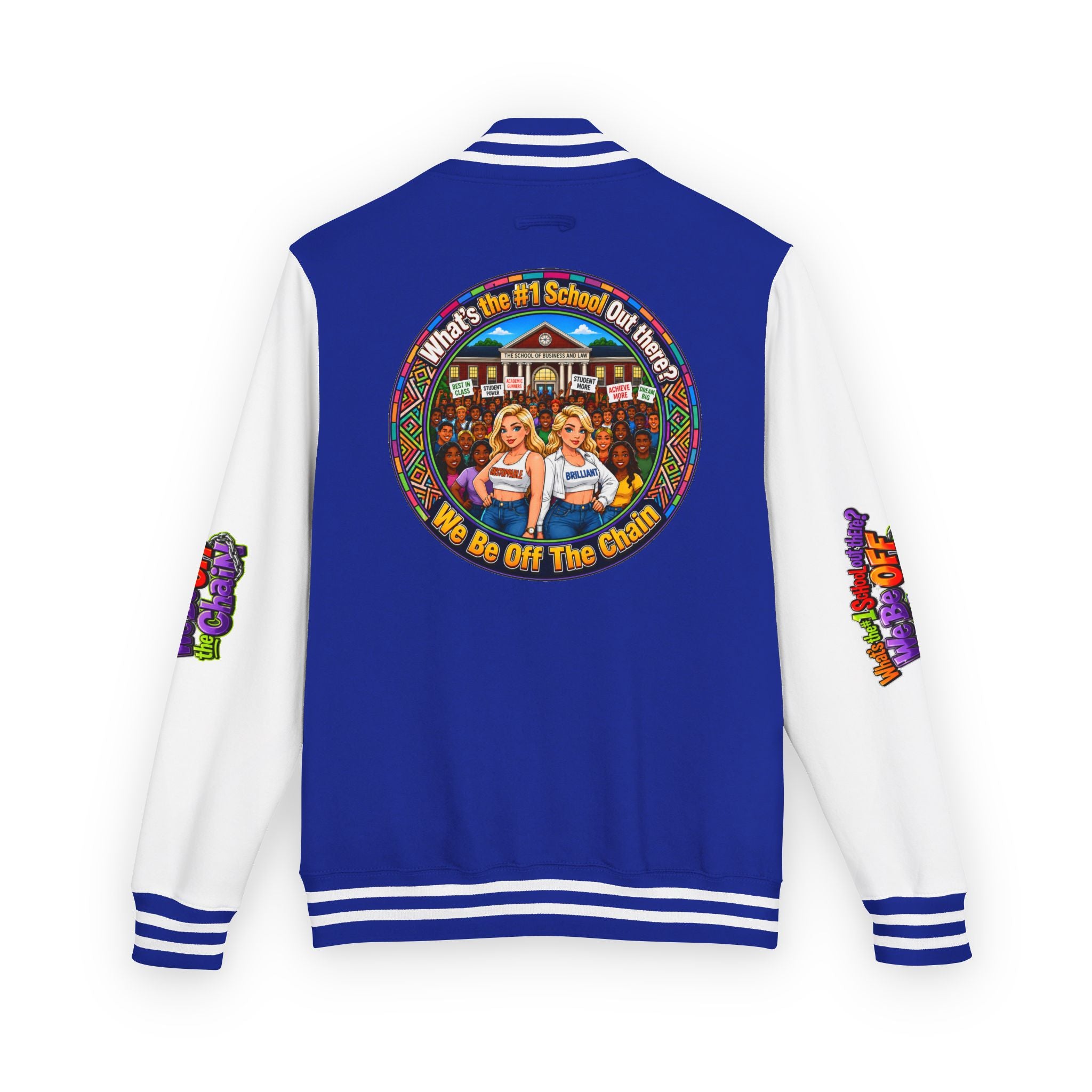 Letterman Jacket — Colorful School Spirit "We Be Off The Chain" Varsity Jacket