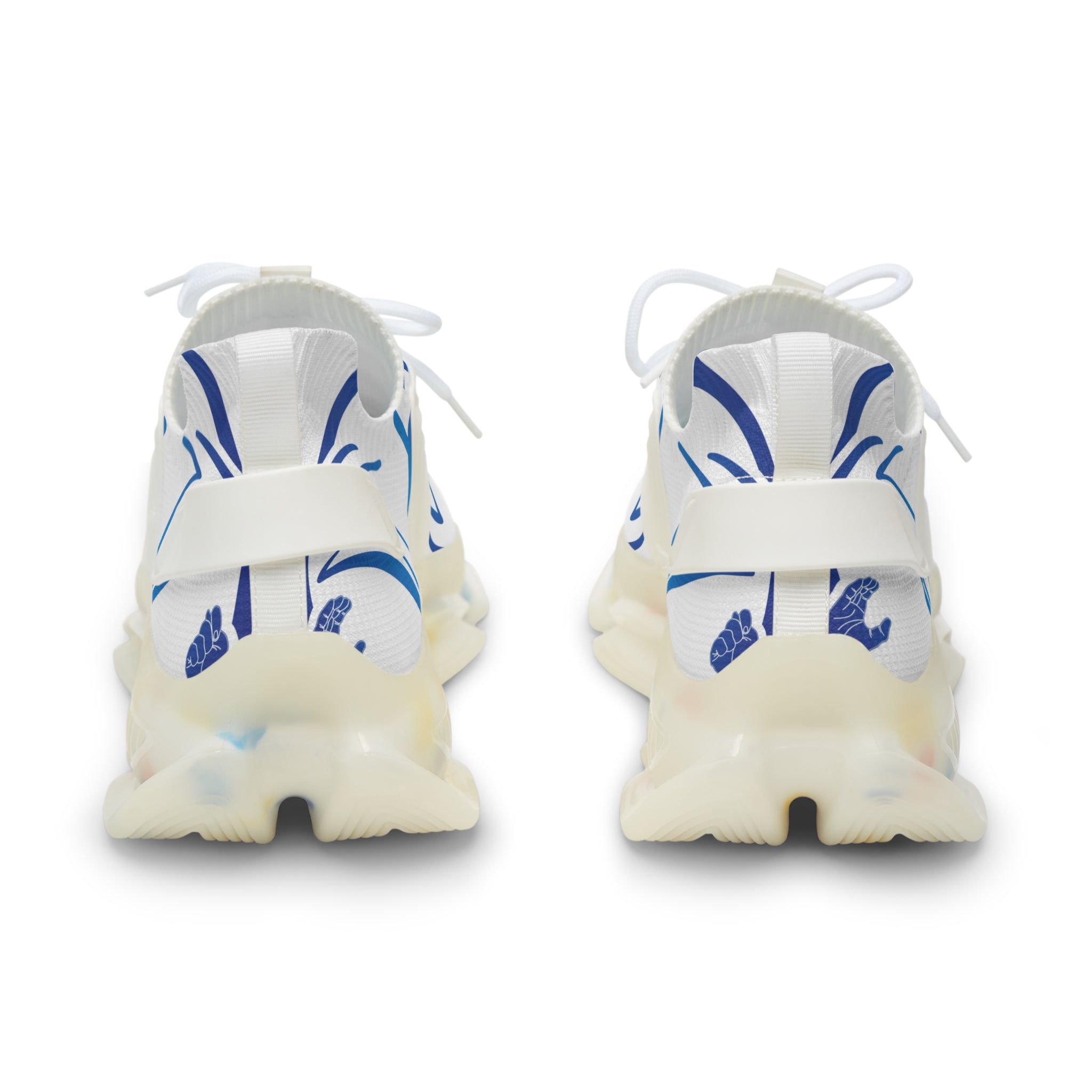 Men's White Athletic Sneakers with Blue Cross Graphic —"Sign Language Jesus Christ "Lightweight Mesh Running Shoes