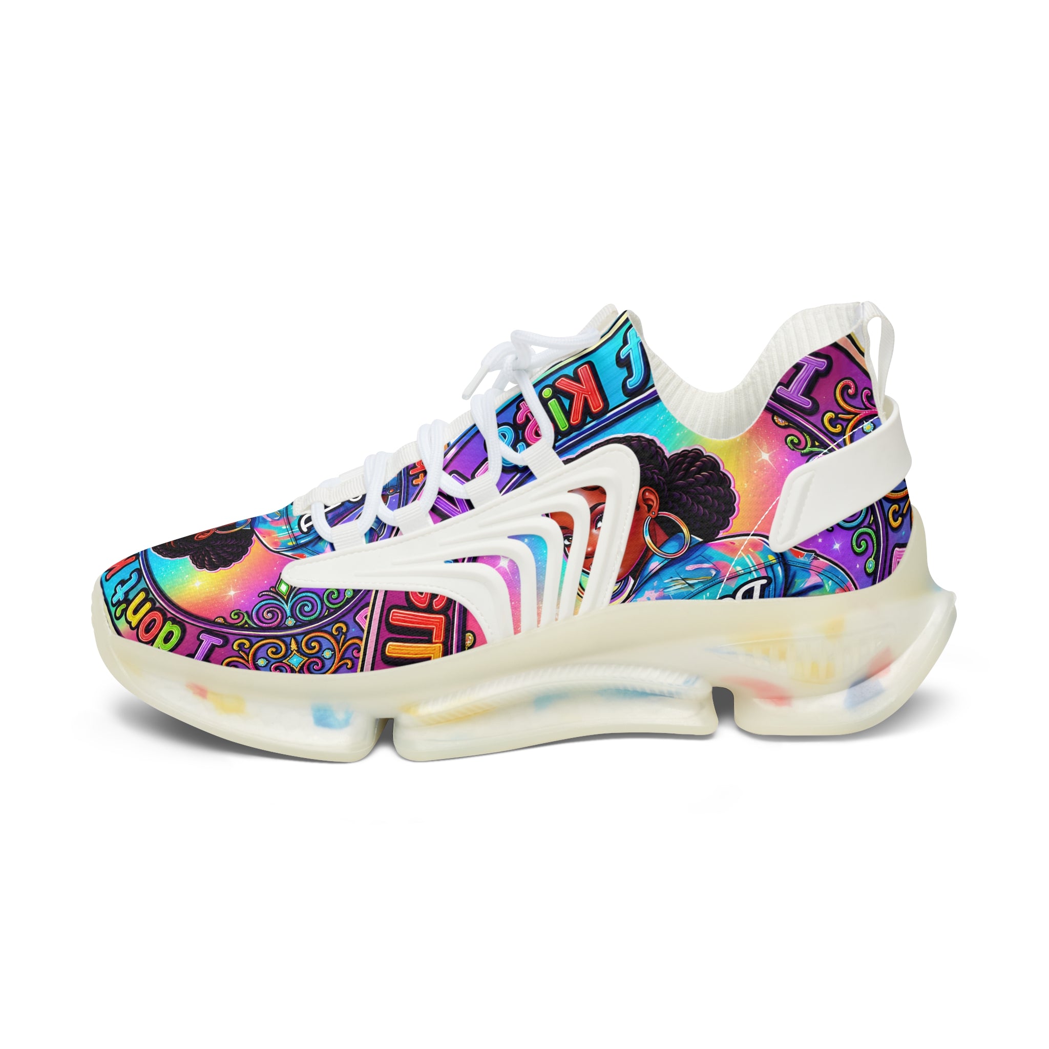 Women's Mesh Sneakers — Colorful Afrocentric Portrait Running Shoes with 'Don't Kiss' Graphic