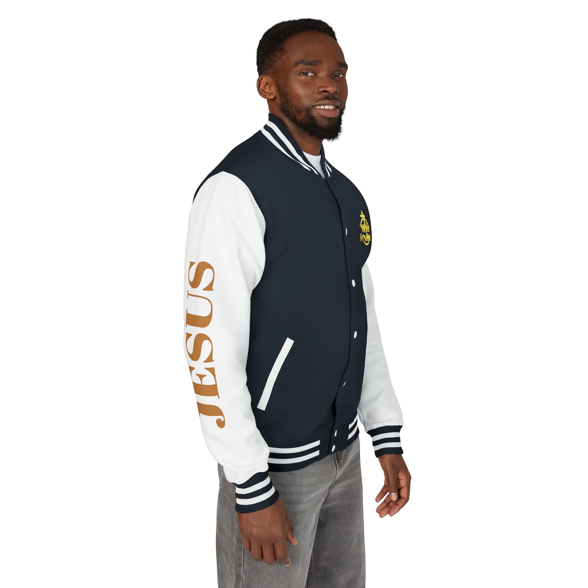 "Sign language Jesus Christ "     Christian Crown Letterman Jacket - 'Jesus Christ' Sleeve Varsity Jacket