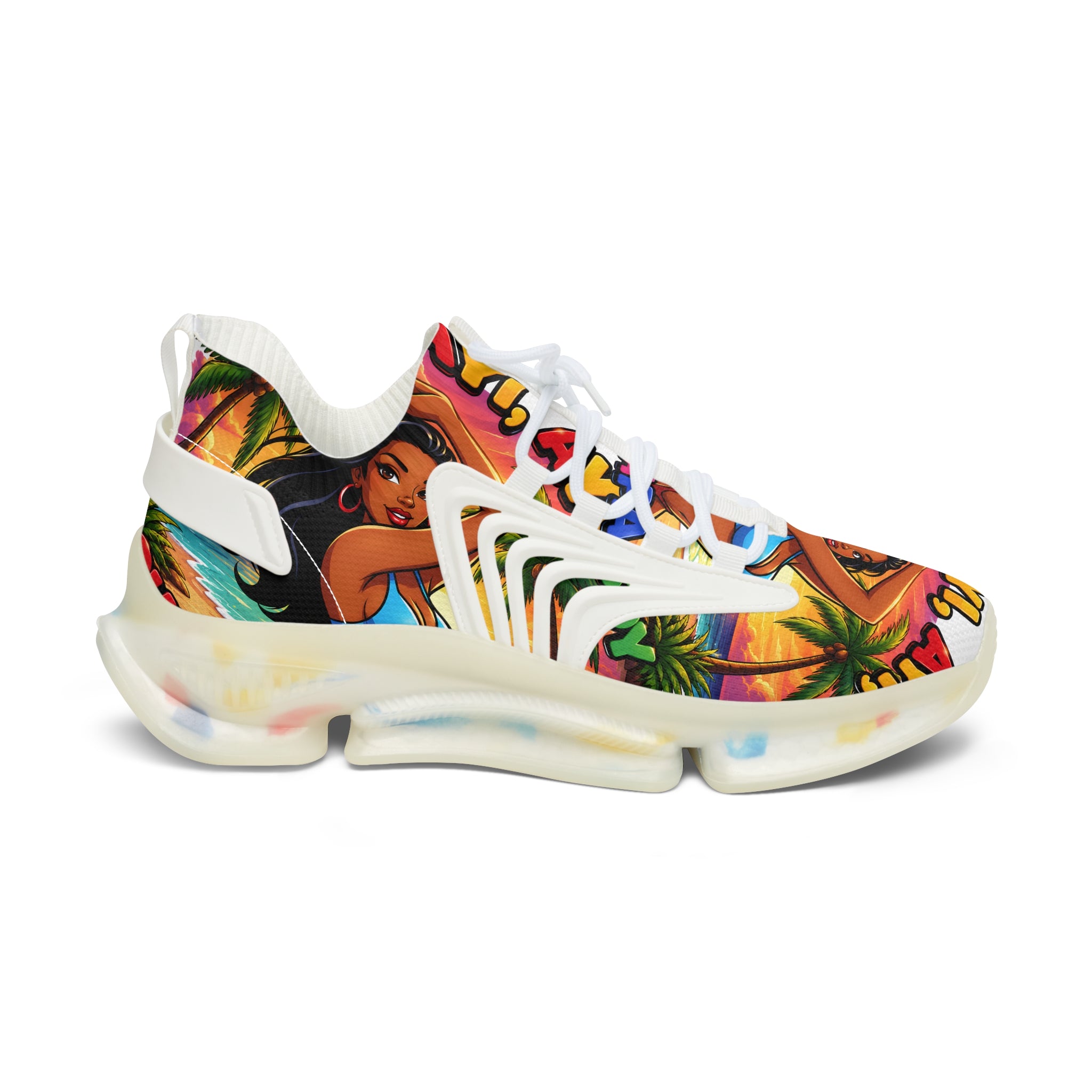 Tropical Vibe Women's Mesh Sneakers — "Ayi  Ayi Ayi Que Guapa Soy "Colorful Hawaiian Pin-Up Design