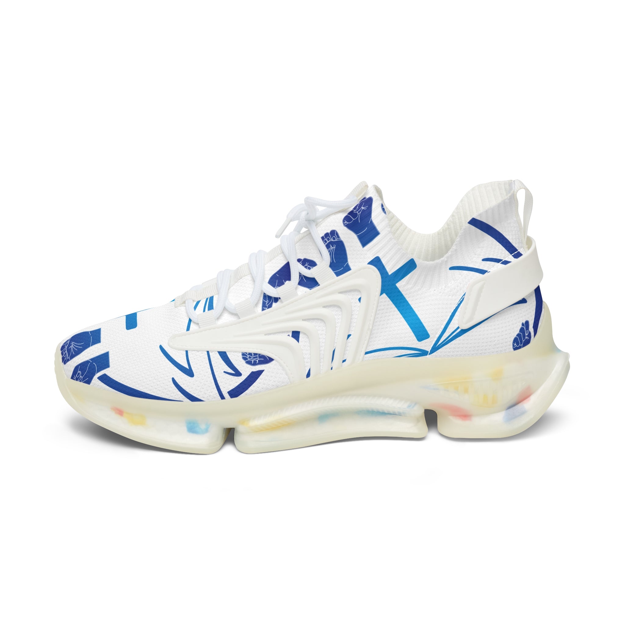 Women's White Mesh Sneakers — "Sign Language Jesus Christ "Lightweight Breathable Athletic Shoes with Color-Speckled Sole
