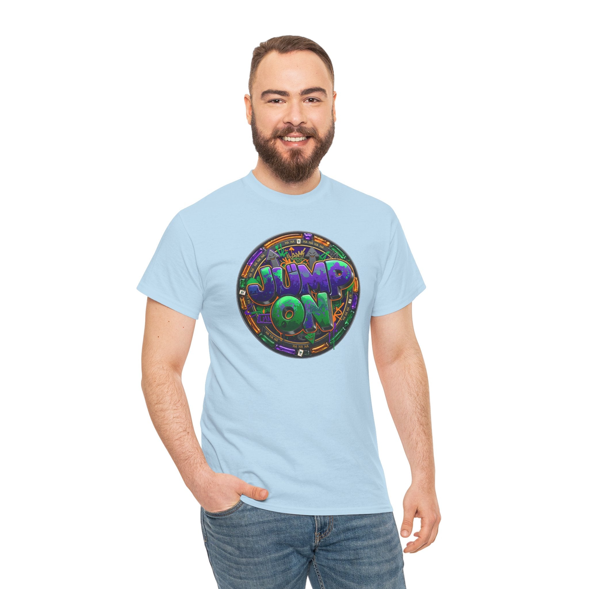 " Jump On" Circle Graphic Tee — Retro Neon Streetwear T-Shirt