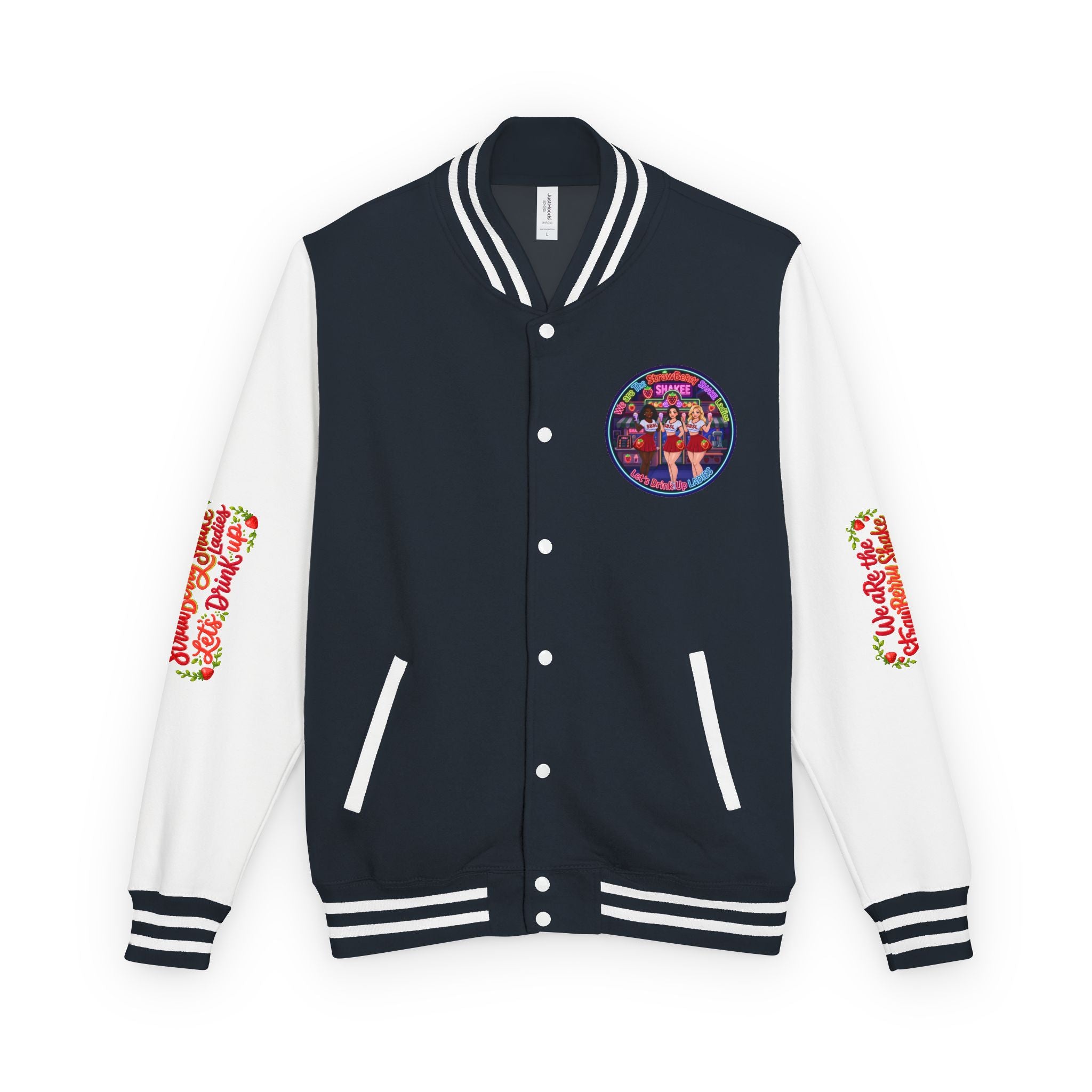 Letterman Jacket —" We Are The Strawberry Shake Ladies " Retro Shakee Cheer Graphic
