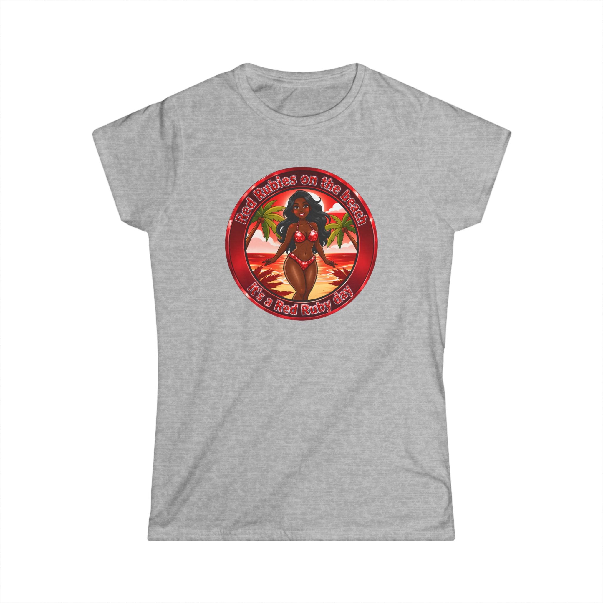 Tropical Pinup Tee — "Red Rubies On The Beach" Vintage Bikini Graphic