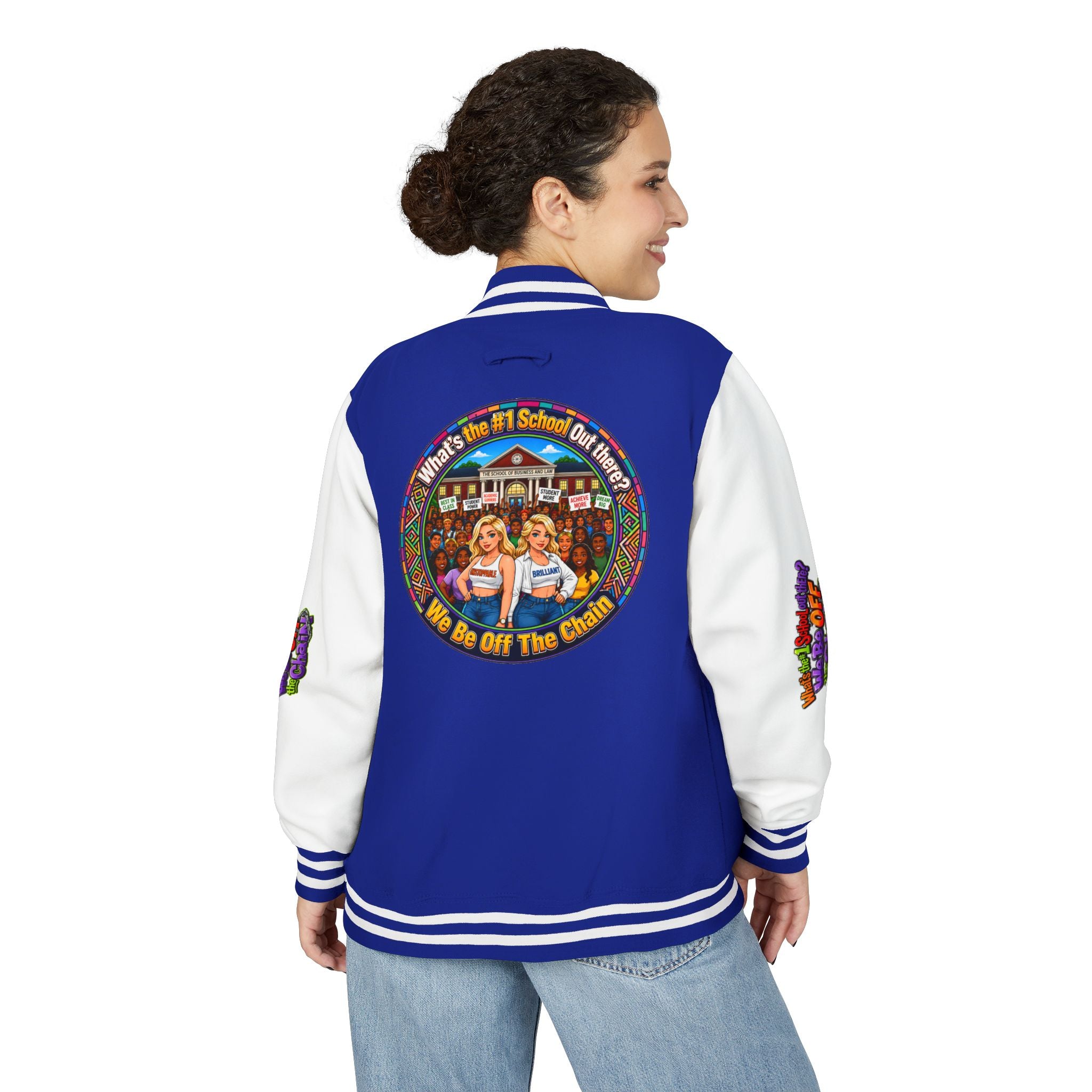 Letterman Jacket — Colorful School Spirit "We Be Off The Chain" Varsity Jacket