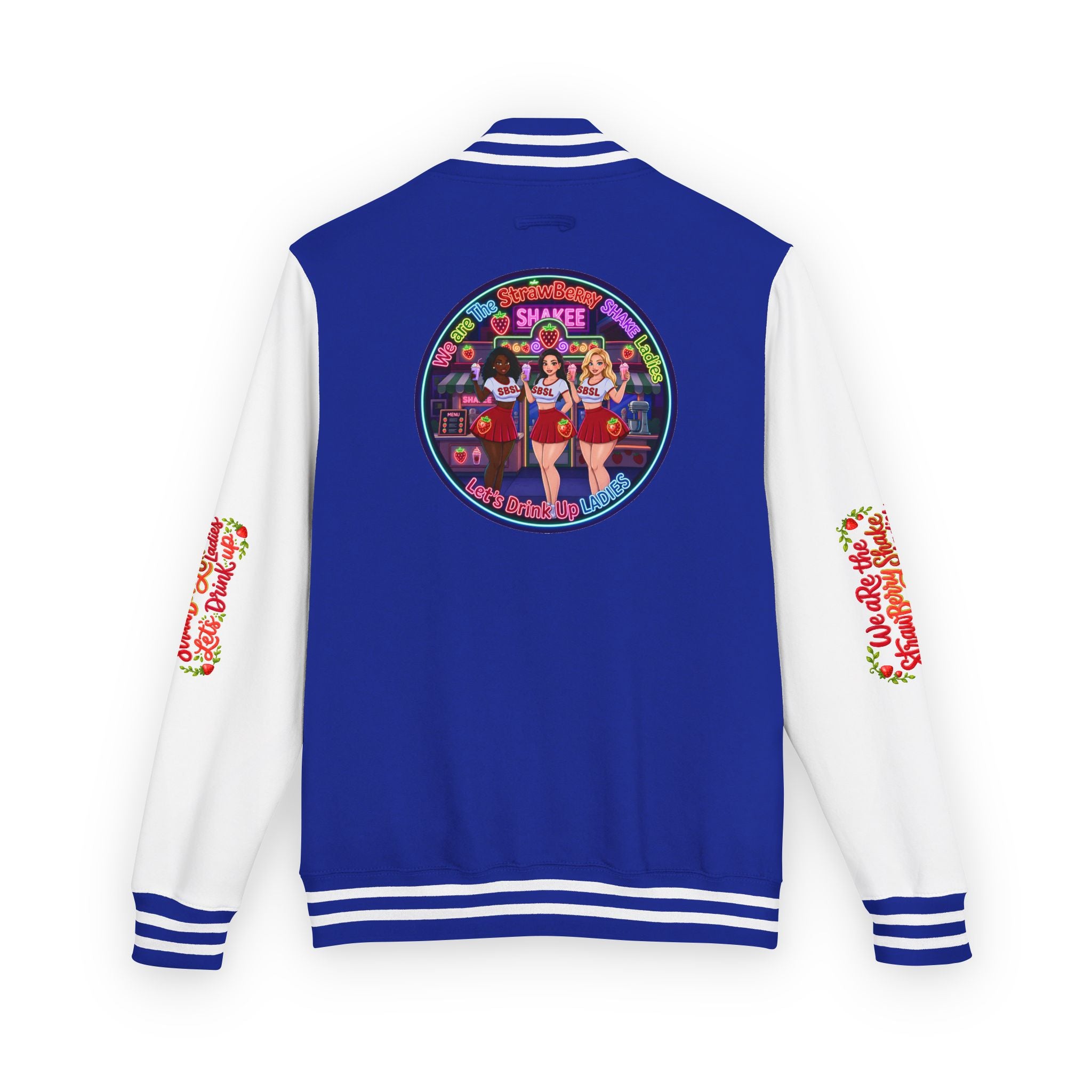 Letterman Jacket —" We Are The Strawberry Shake Ladies " Retro Shakee Cheer Graphic