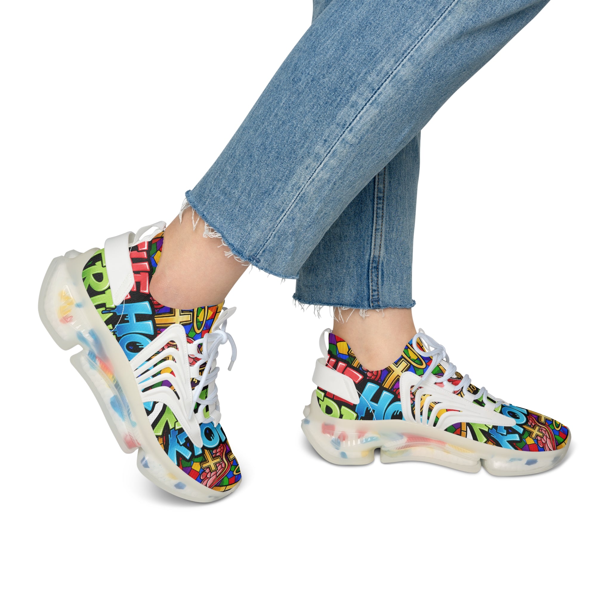 Men's Mesh Sneakers — " Holy Trinity "Colorful Graffiti Cross Design Athletic Shoes