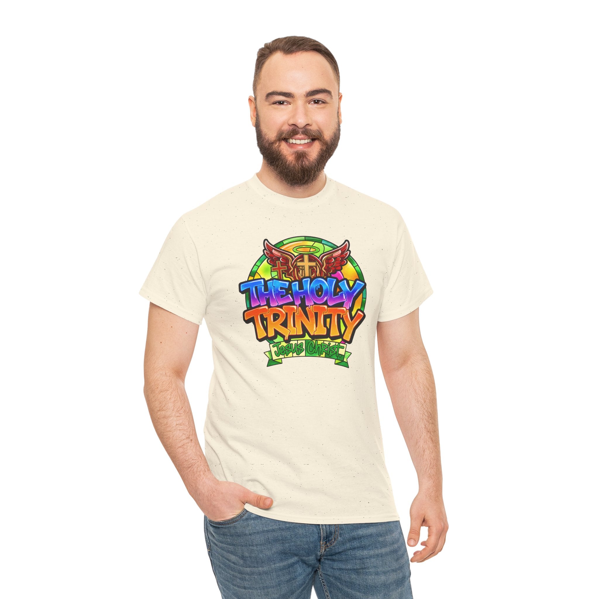 Holy Trinity Graphic Tee — Colorful Faith-Inspired Streetwear T-Shirt