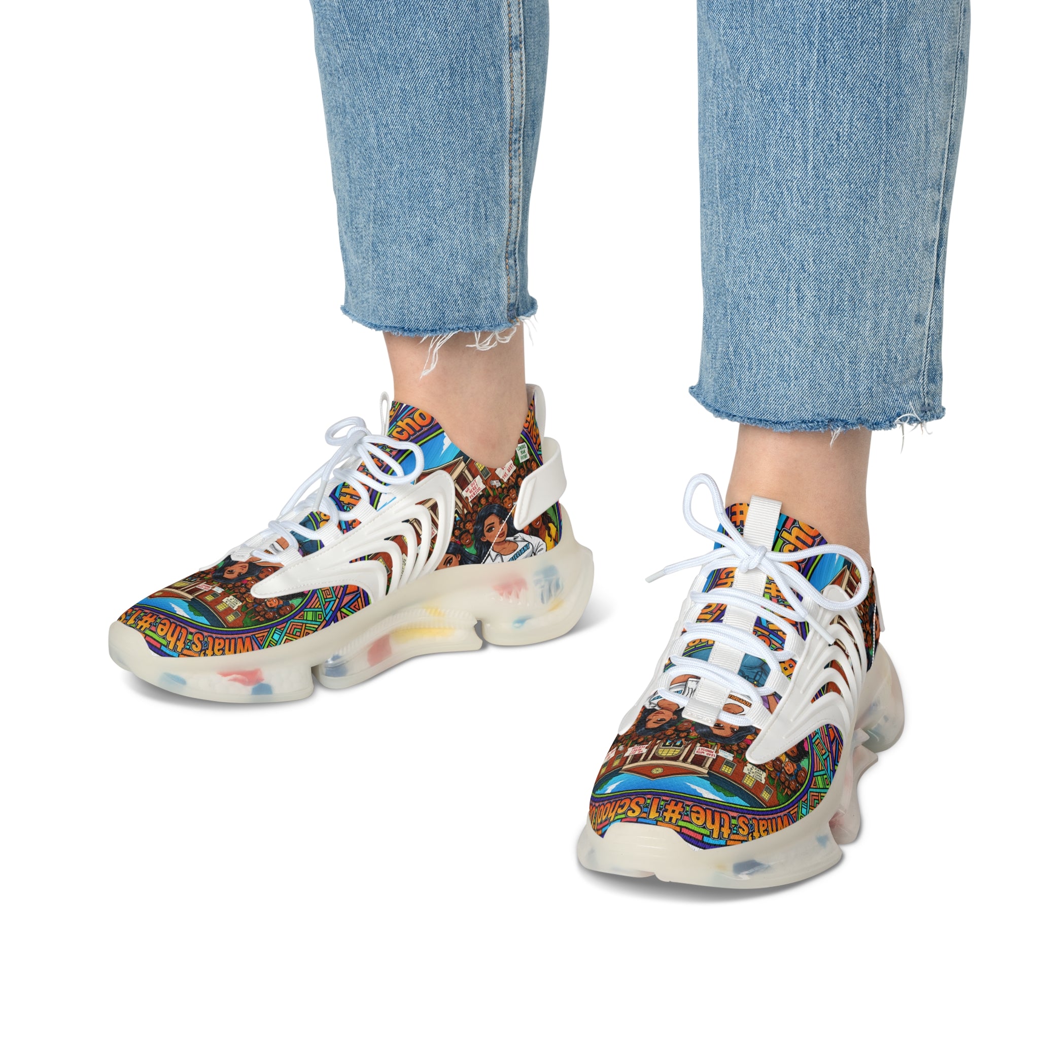 Mesh Sneakers — " What's The #1 School Out There " Colorful Retro School Girl Graphic Athletic Shoes