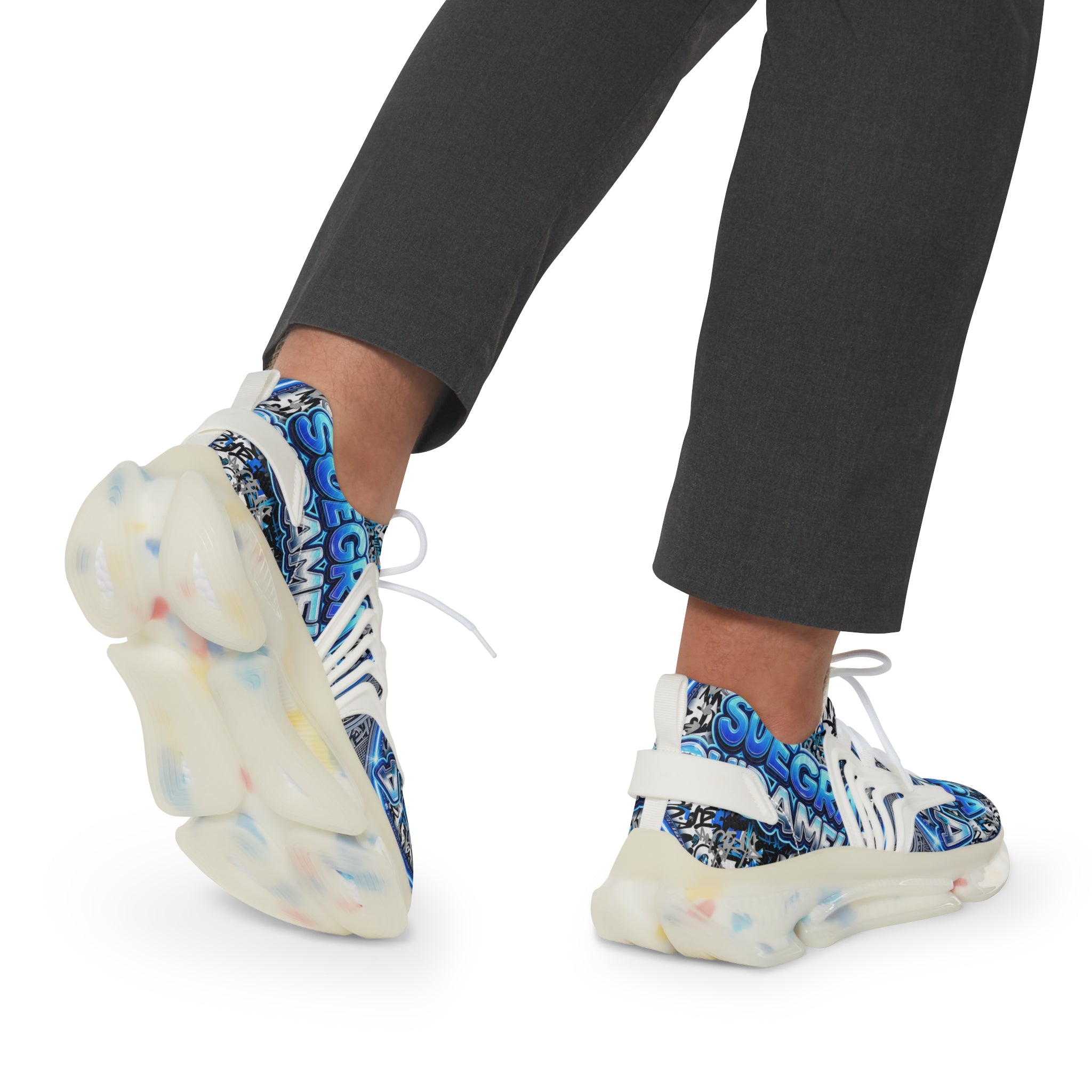 Mesh Sneakers — Blue 'SUEGRA CUIDAMELA' Graphic Athletic Shoes