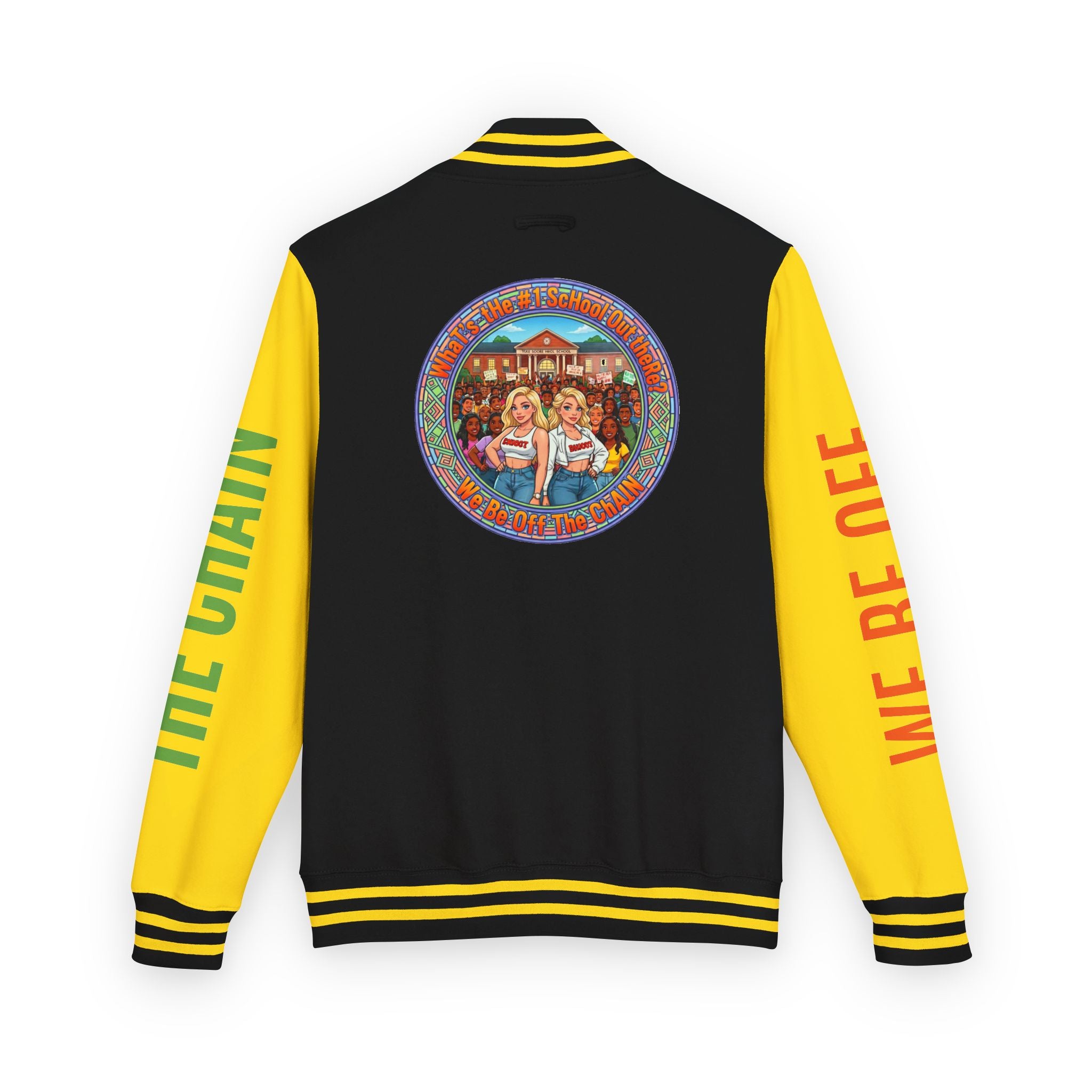 Retro Colorblock Letterman Jacket — 'We Be Off The Chain' Sleeve Print