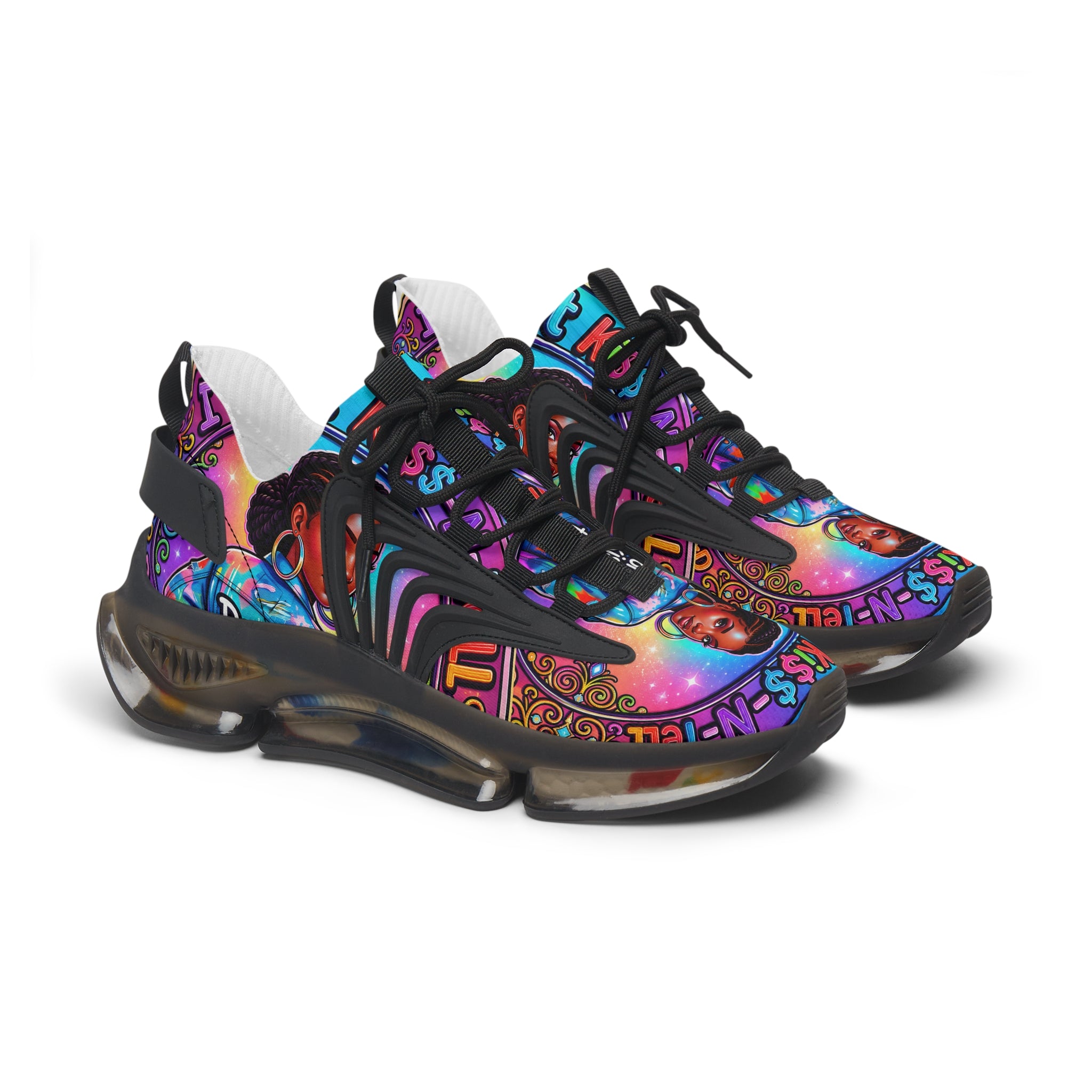 Women's Mesh Sneakers — Colorful Afrocentric Portrait Running Shoes with 'Don't Kiss' Graphic