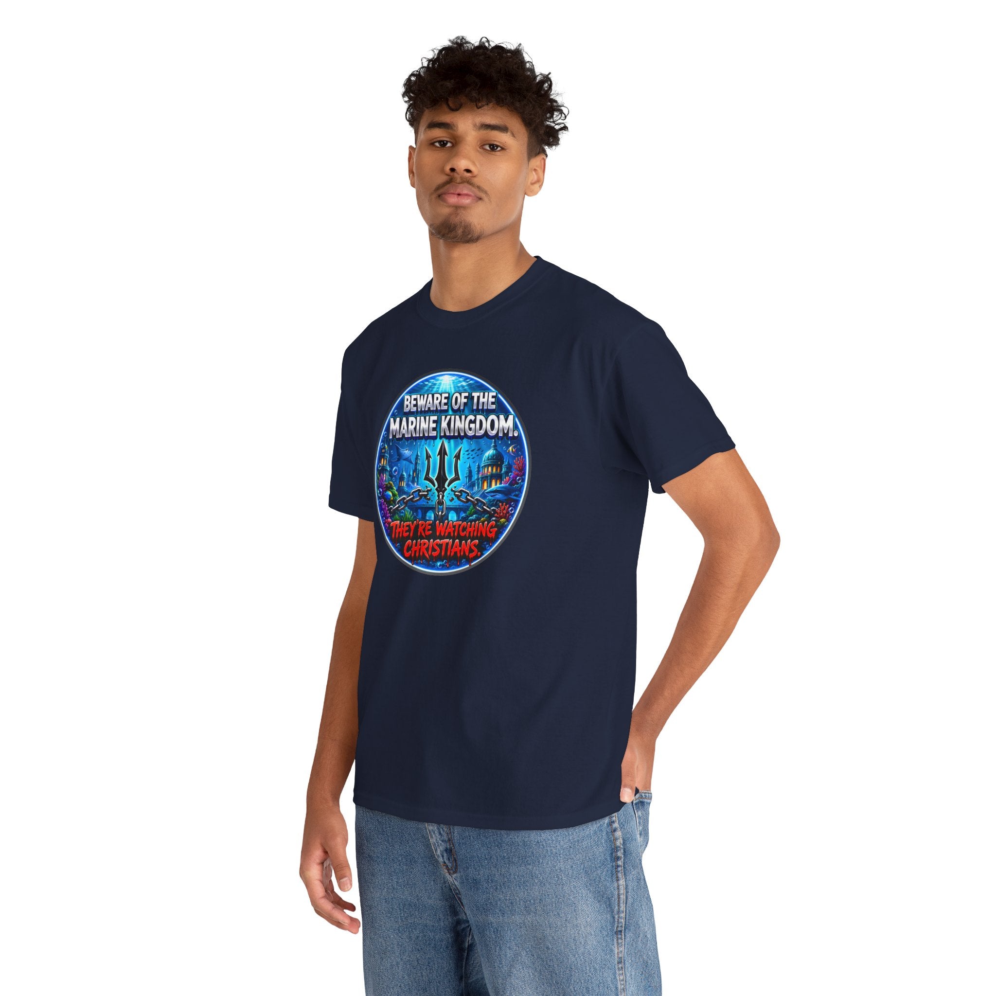 T‑Shirt — "Beware of the Marine Kingdom: They're Watching Christians" Vintage Ocean Graphic
