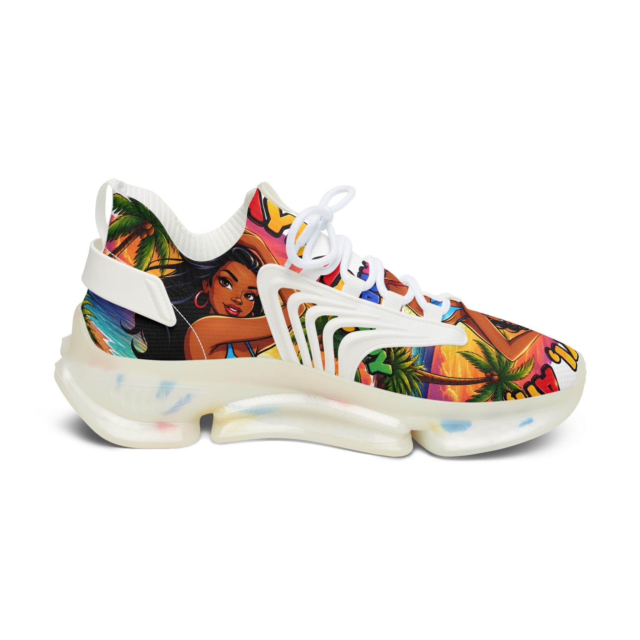 Tropical Vibe Women's Mesh Sneakers — "Ayi  Ayi Ayi Que Guapa Soy "Colorful Hawaiian Pin-Up Design