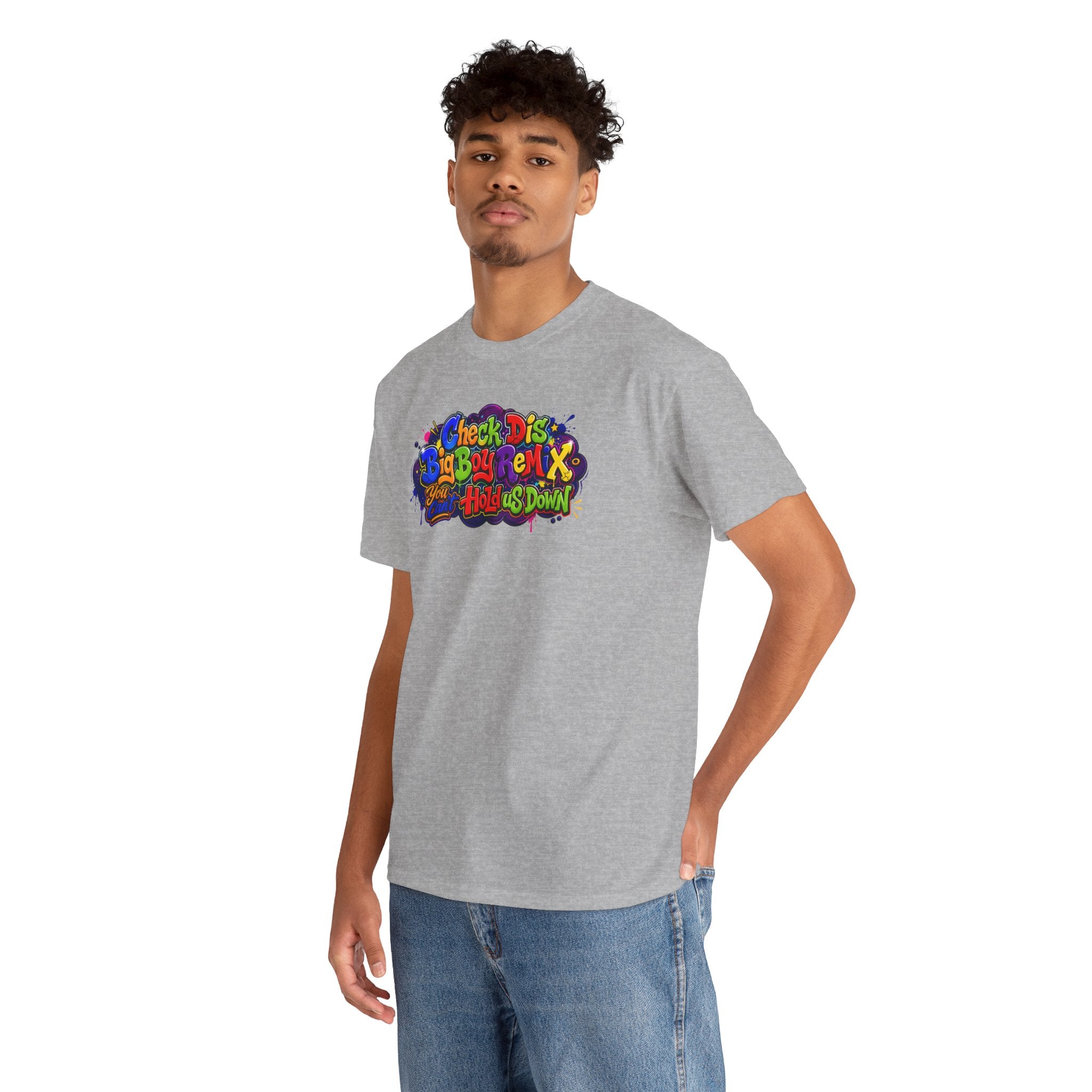 Graphic Tee — Colorful 'Check Dis Big Boy Remix' Retro Street Art T-Shirt