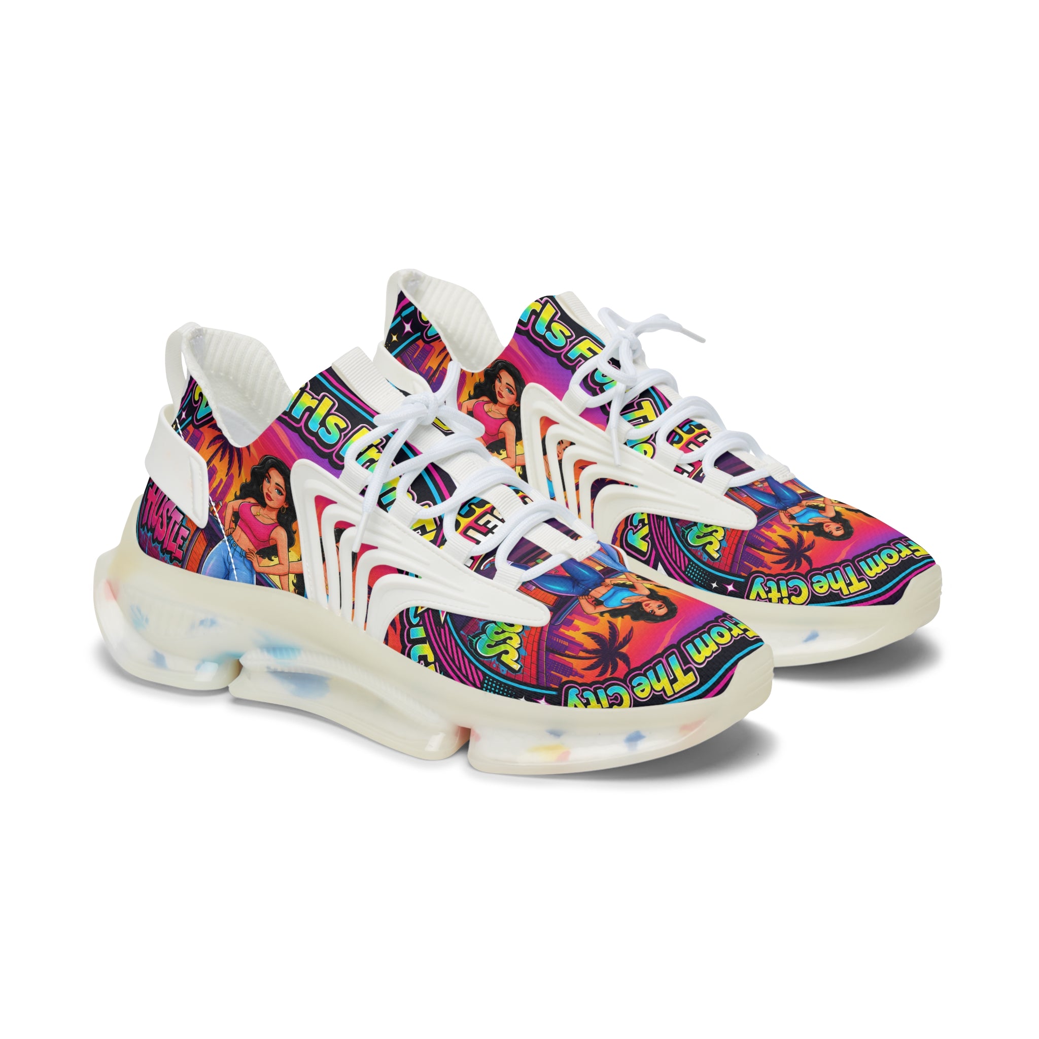 Women’s Mesh Sneakers — Colorful Retro '2Fly Girls From The City' Graphic Athletic Shoes