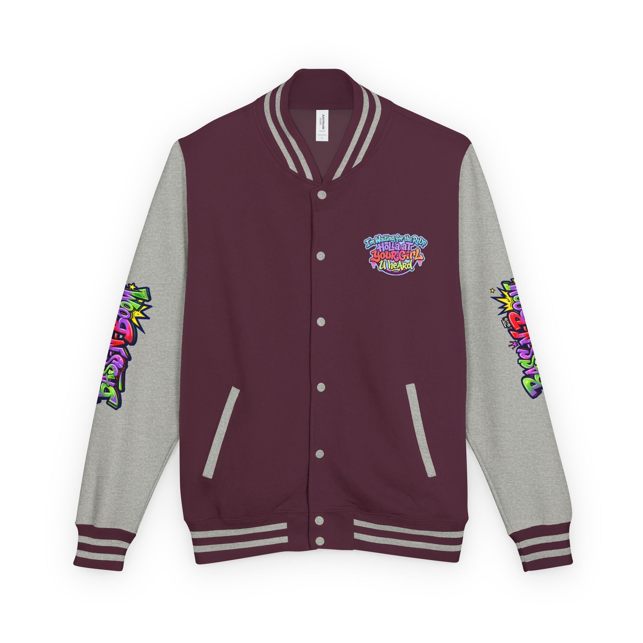 Letterman Jacket — "I'm Waiting For The Reup" Colorful Retro Hip‑Hop Varsity