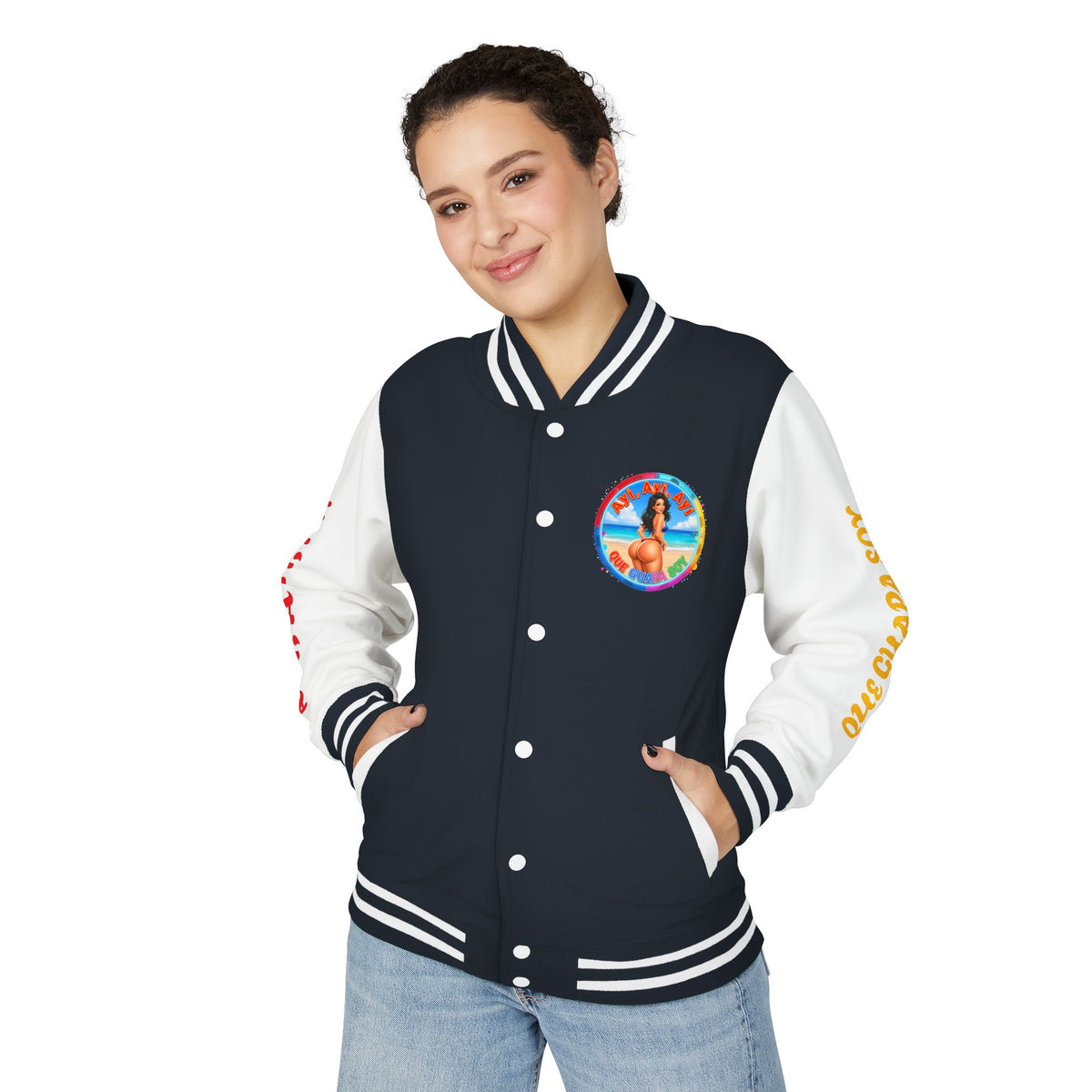 Letterman Jacket – Retro Beach Pinup Varsity Jacket with 'Ayi Ayi Ayi' Graphic