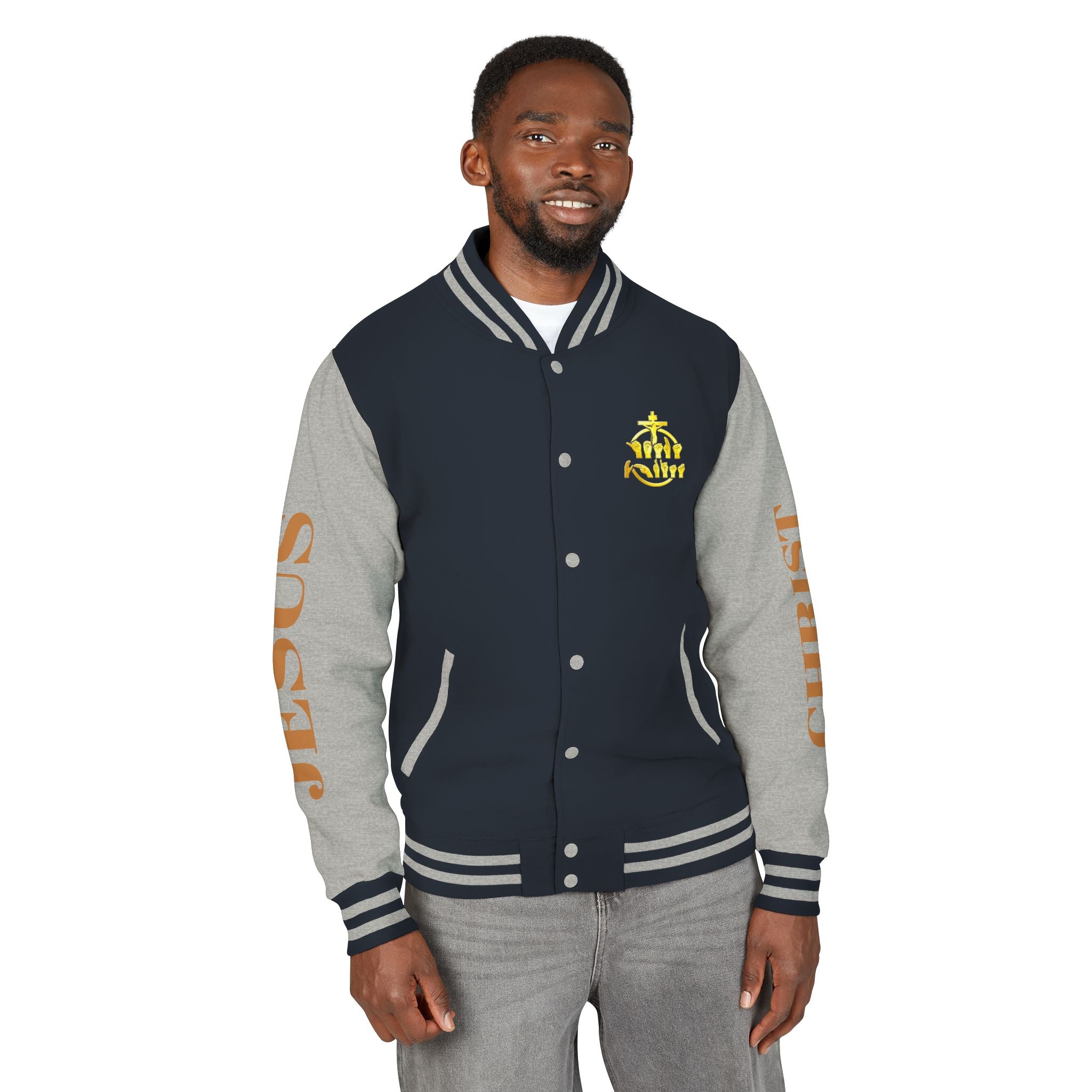"Sign language Jesus Christ "     Christian Crown Letterman Jacket - 'Jesus Christ' Sleeve Varsity Jacket