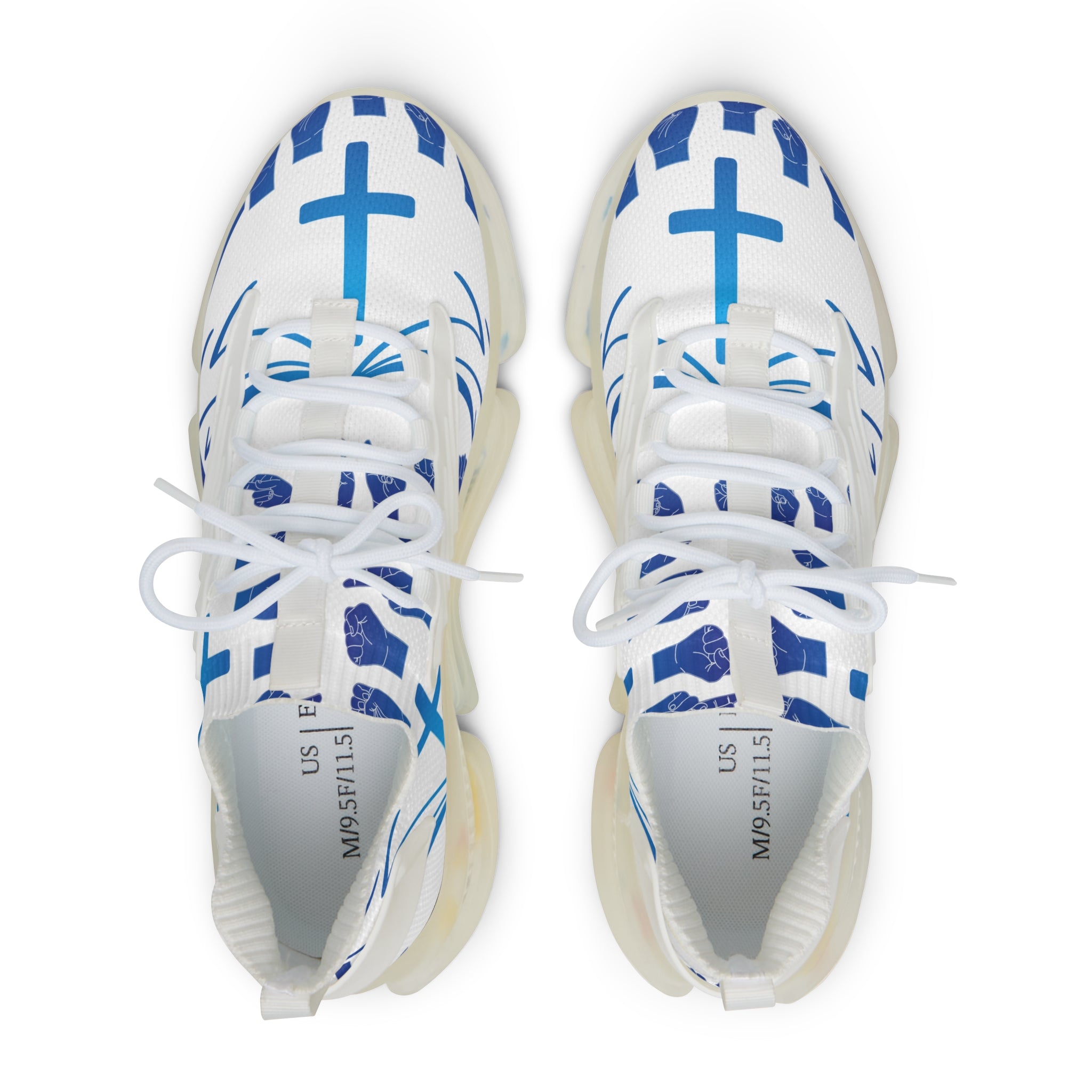 Men's White Athletic Sneakers with Blue Cross Graphic —"Sign Language Jesus Christ "Lightweight Mesh Running Shoes
