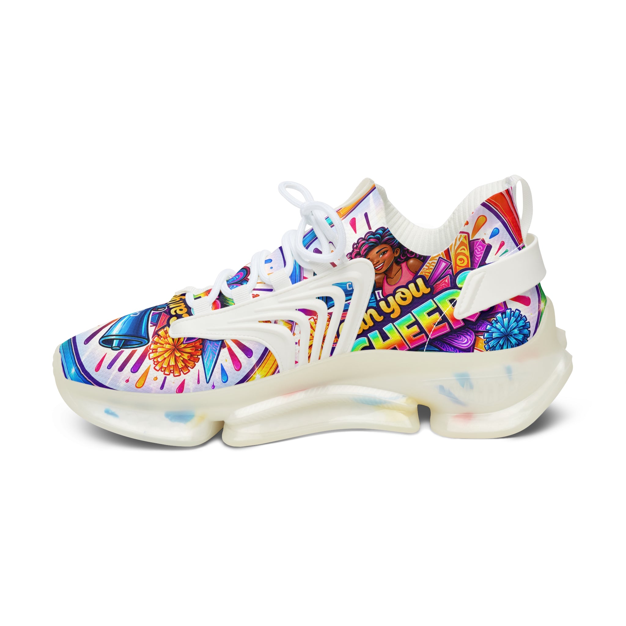 Women's Cheerleader Graphic Mesh Sneakers — "Can You Cheer?" Colorful Athletic Shoes